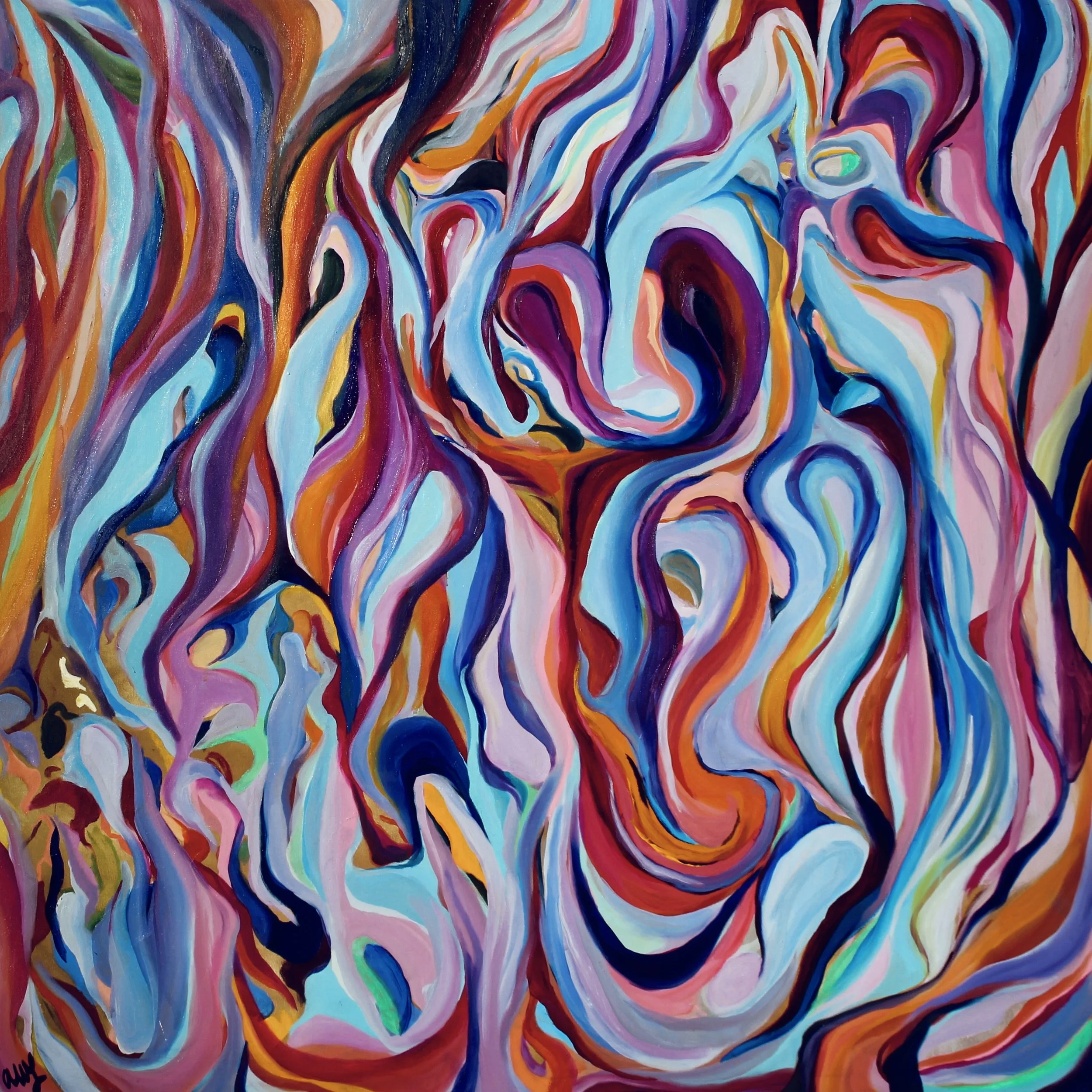Abstract colorful swirling painting with shades of red, blue, purple, pink
