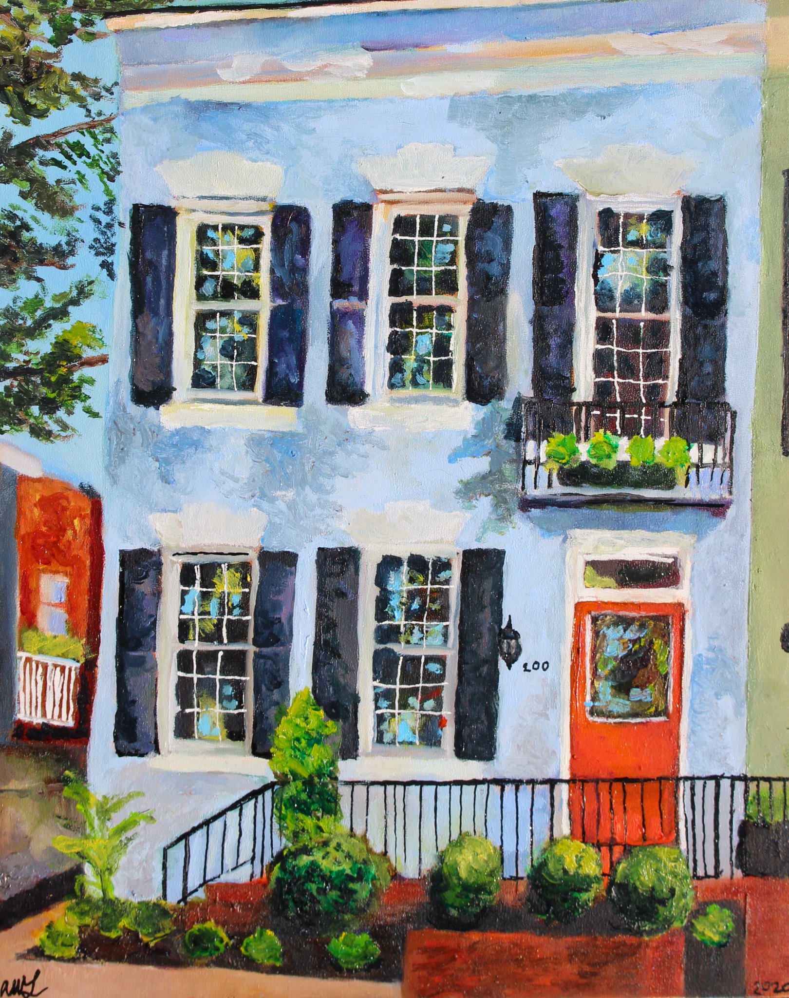 Painting of a three-story house with large windows, dark shutters, a white and blue facade, and a small balcony with potted plants. There is a red door on the right side and a garden with green bushes and vines in the foreground. The house has a gree
