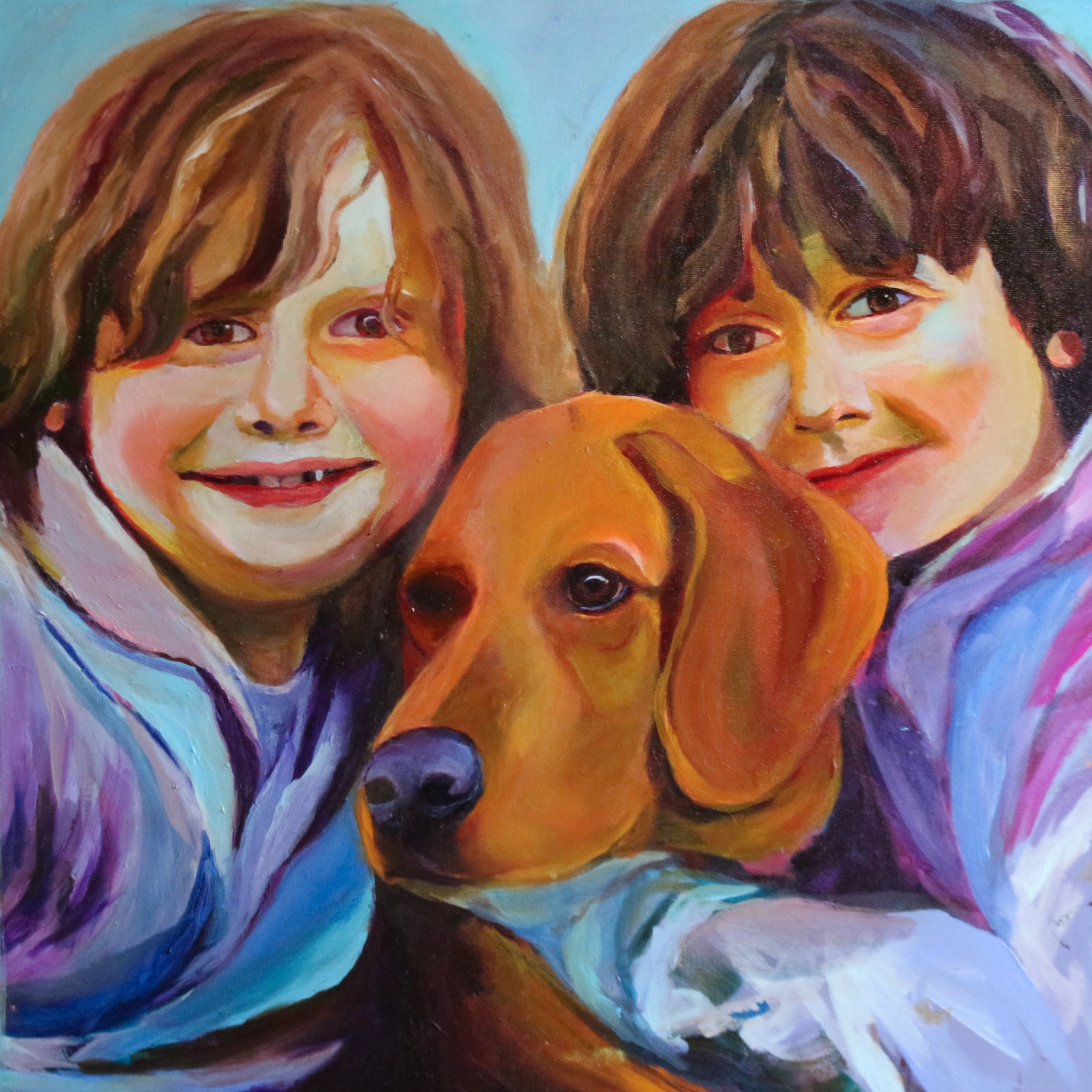 A colorful abstract painting of three children with expressive faces, painted with bold brushstrokes and vivid colors.