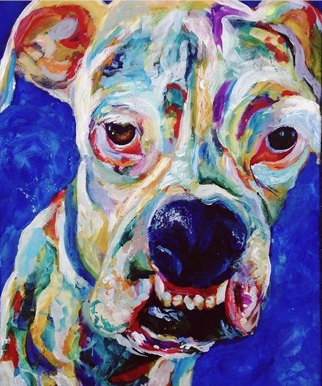 Colorful abstract painting of a dog with a black nose and expressive eyes against a blue background. white boxer dog