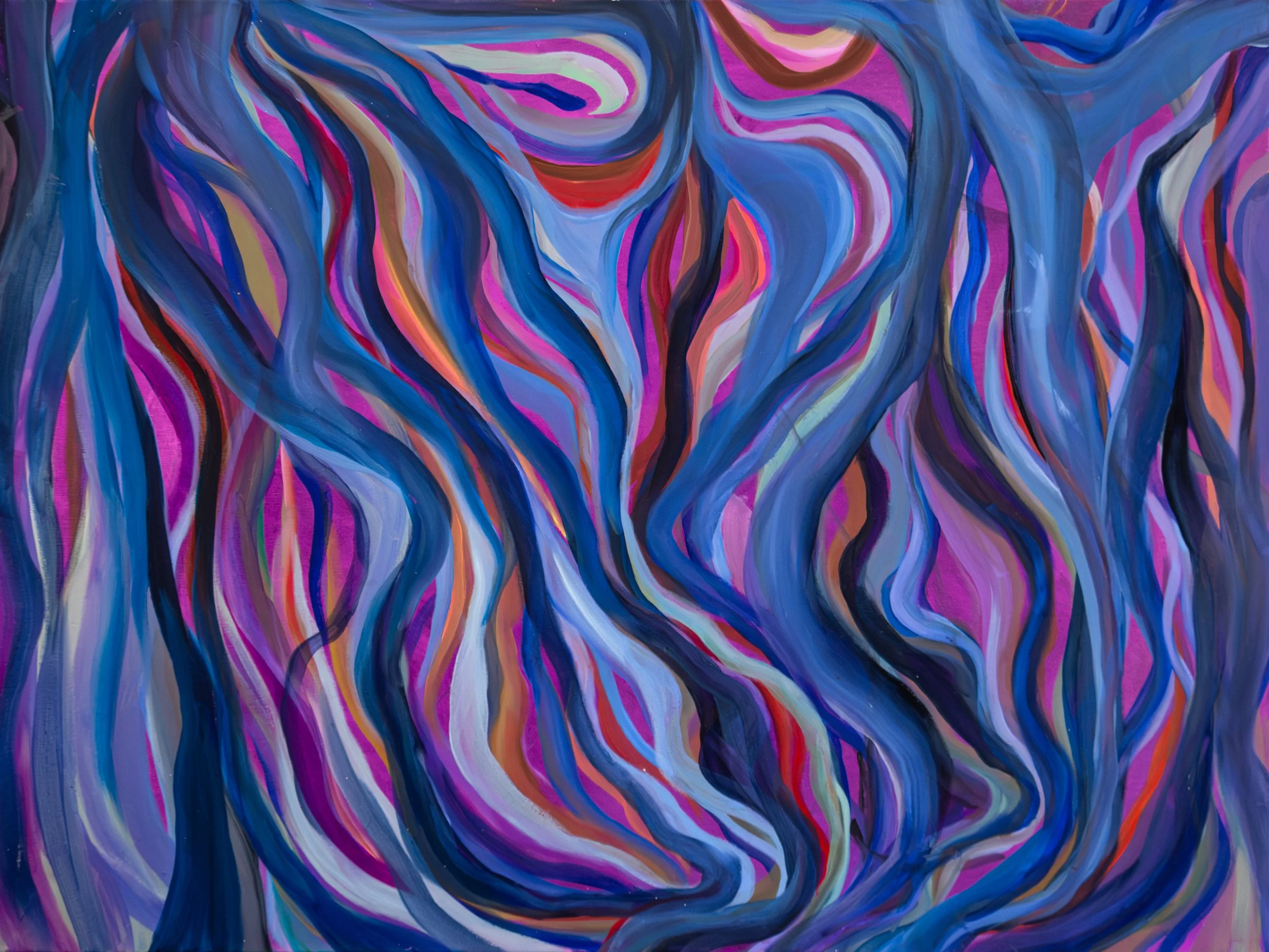 Abstract painting with swirling lines in shades of blue, purple, pink, orange, and black.