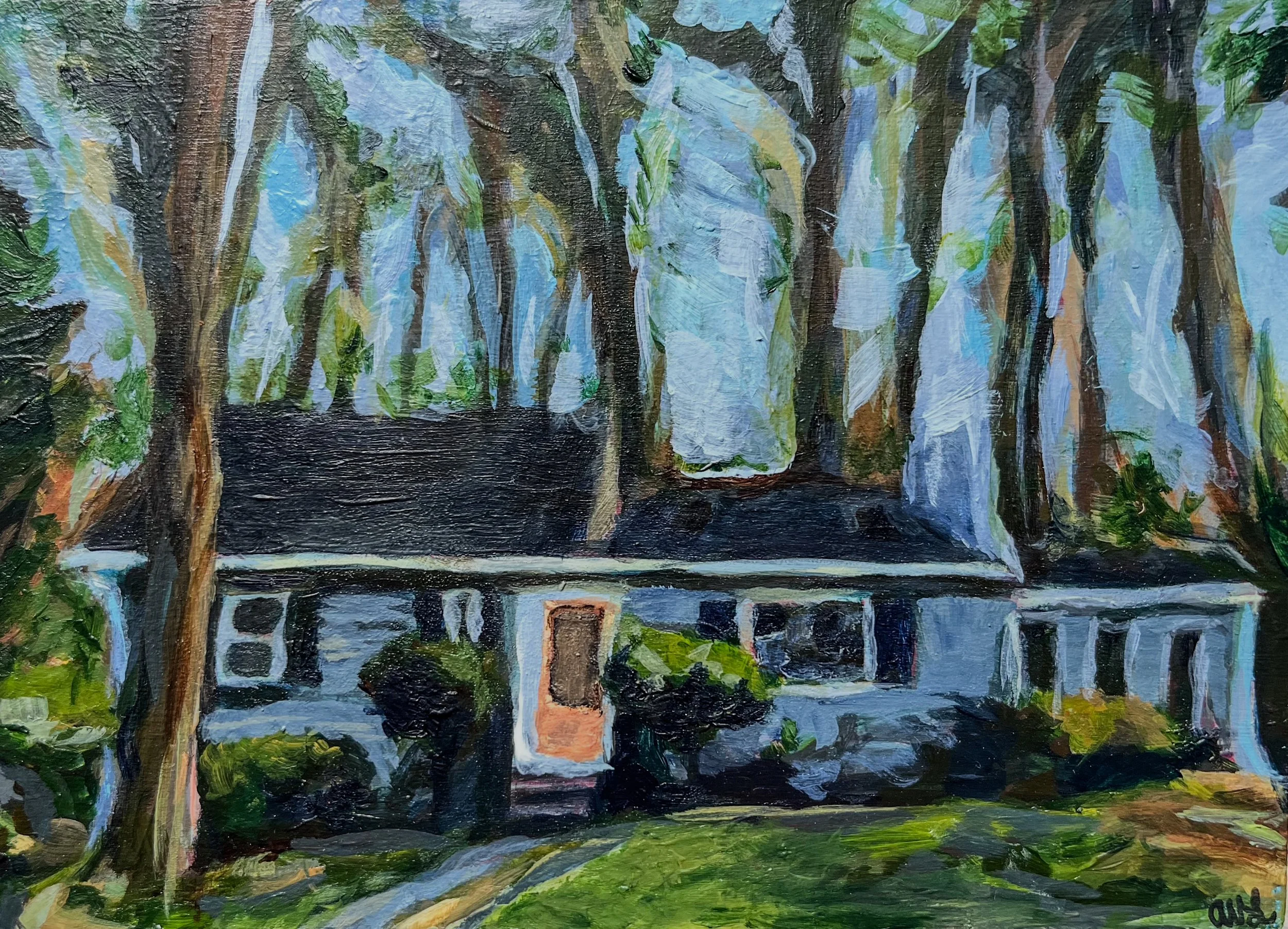An impressionistic painting of a house with trees and greenery surrounding it, with a blue sky in the background.