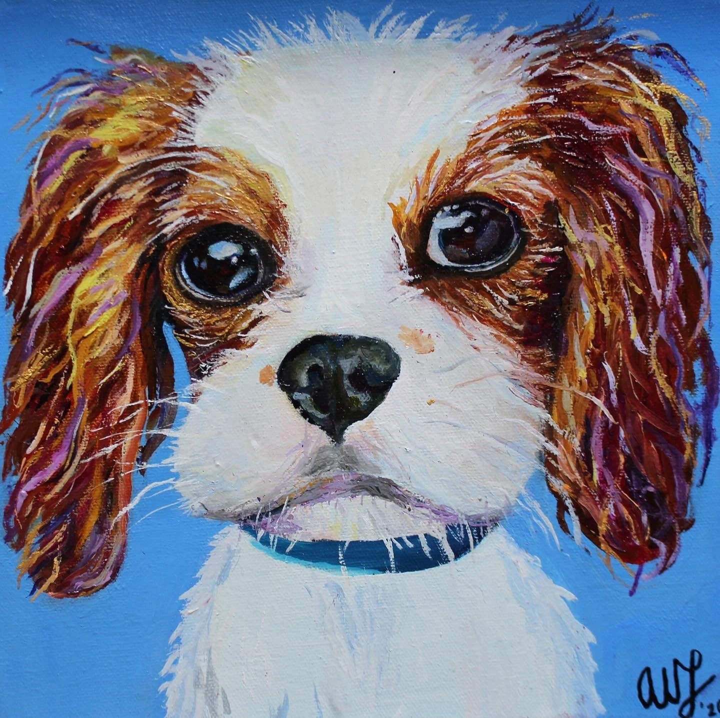 A colorful painting of a dog with white fur and brown and purple ears on a light blue background. cavalier king Charles oil painting illustrative