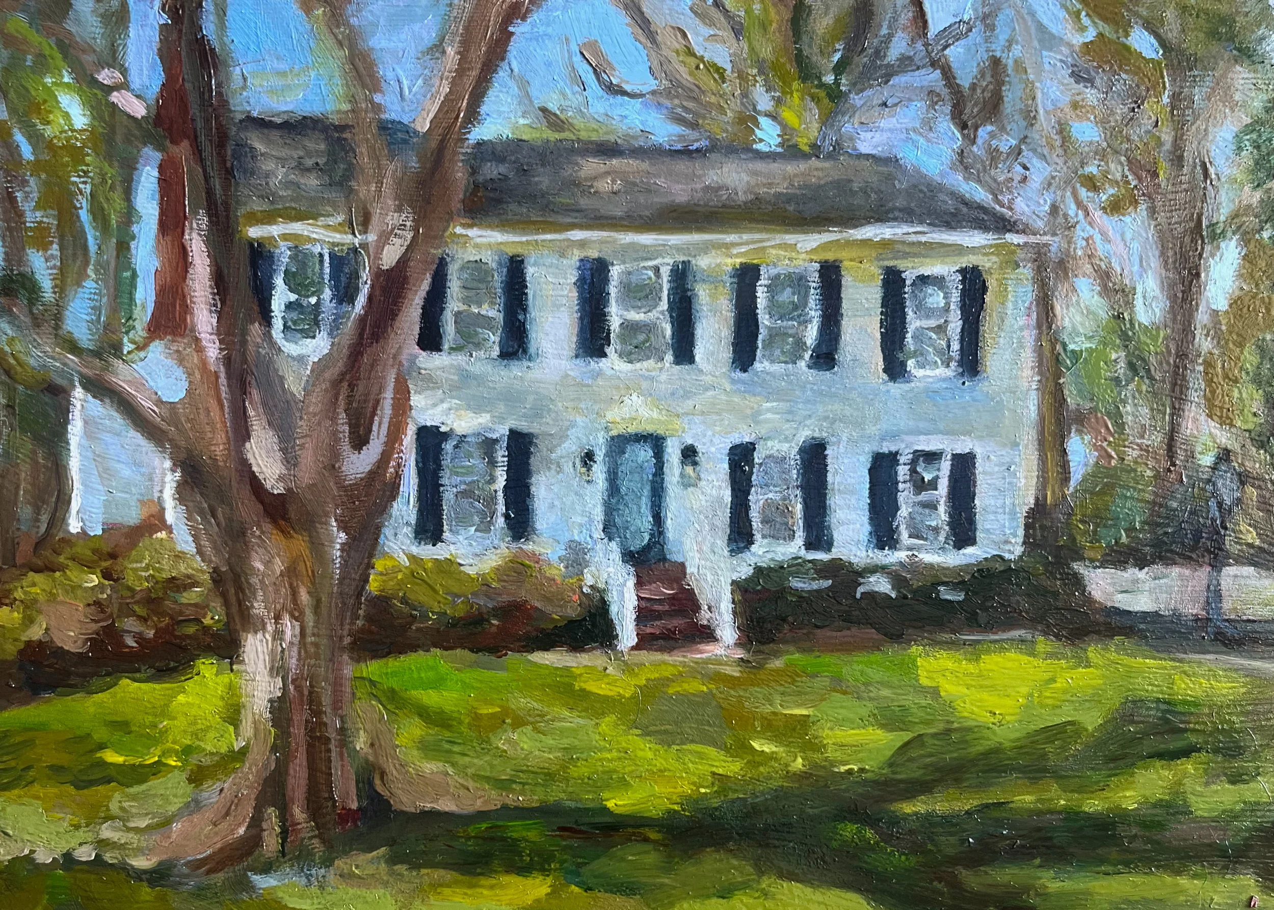 Painting of a house with pillars, trees, and grass.