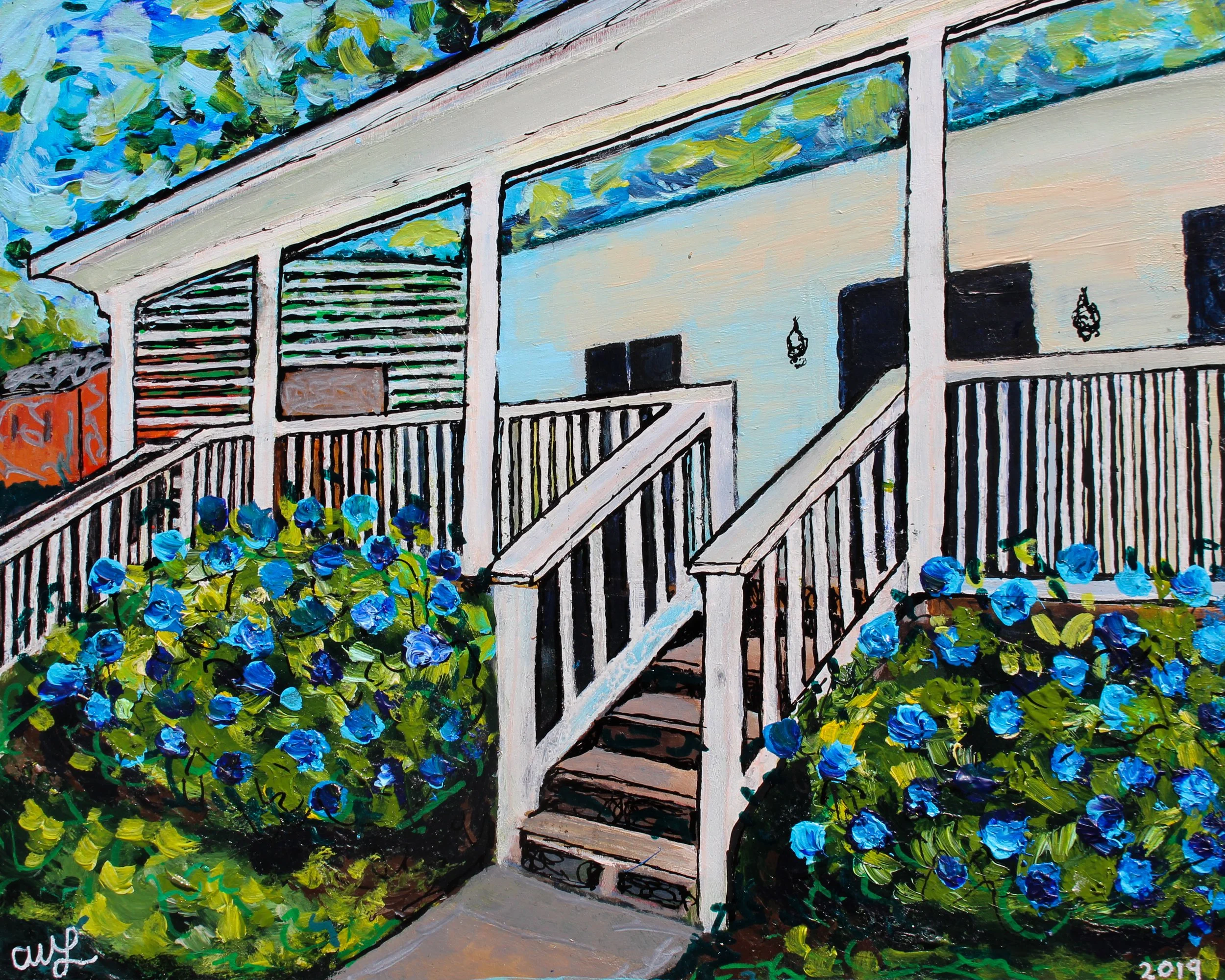 A painting of an outdoor balcony or porch with white railings and columns, with a background of lush green foliage and vibrant blue flowers, done in an impressionist style.
