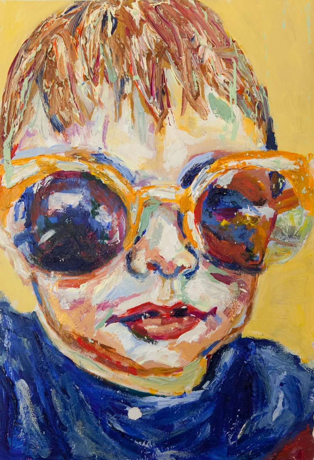 A colorful painting of a young boy with blonde hair wearing large sunglasses and a blue shirt.