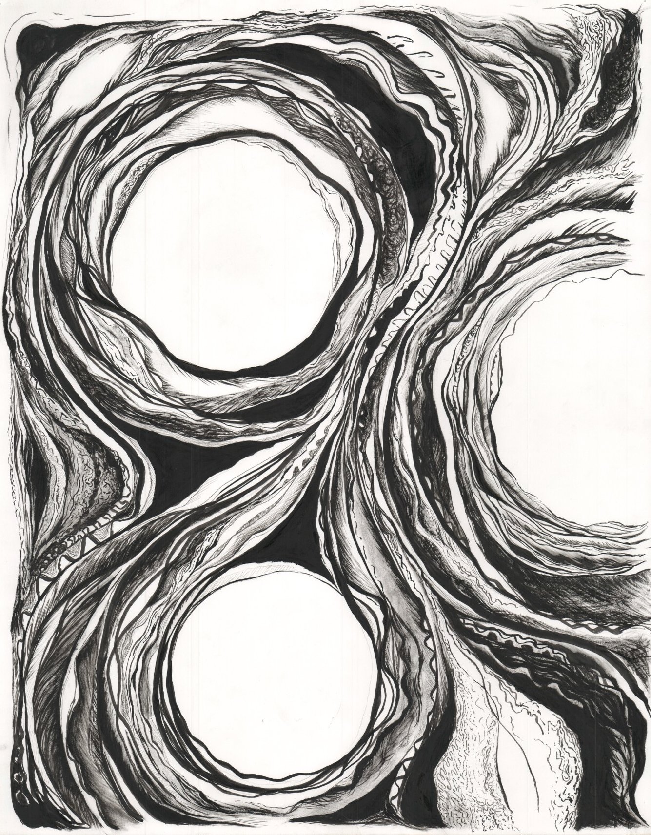 Black and white abstract drawing with swirling lines and circular shapes resembling a wood grain pattern.