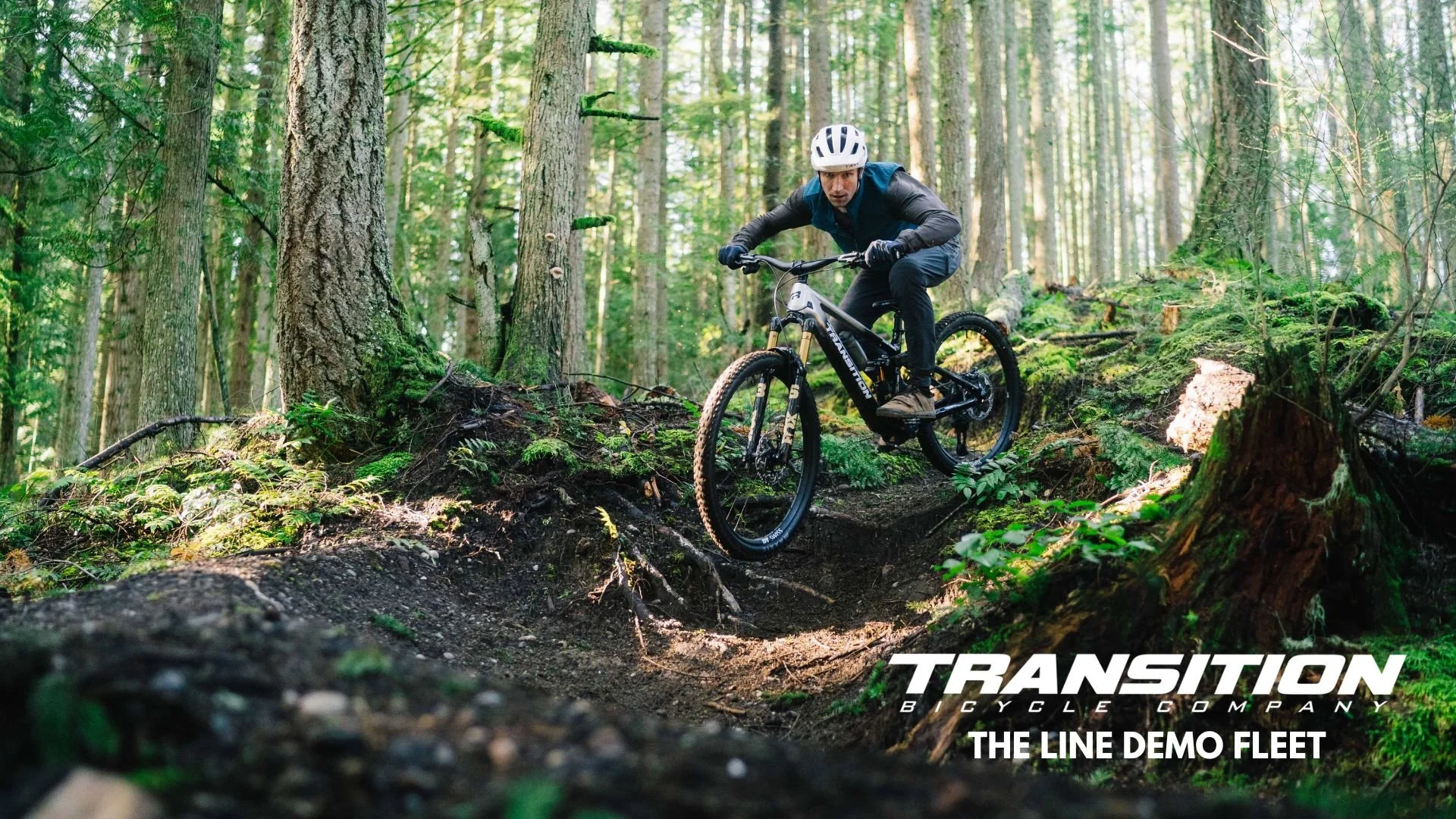A man riding a Transition Sentinel in the PNW with text that reads The Line Transition Demo Fleet
