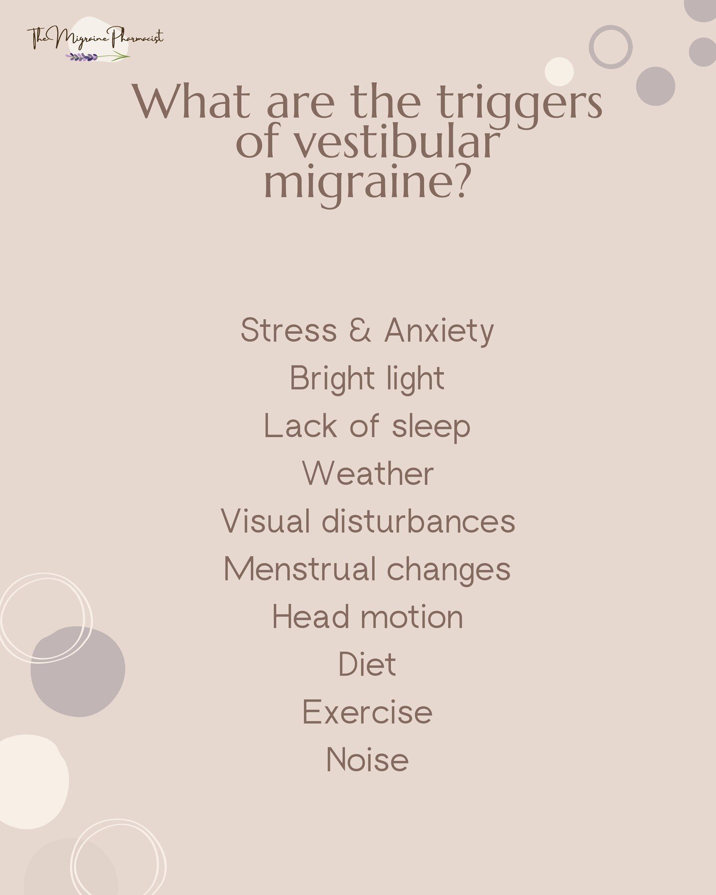 Triggers of vestibular migraine are very similar to migraine triggers, most notably sleep and motion.
Remember to go back to the self-care plan we talked about in previous posts to identify changes you can implement that might have an impact on your 