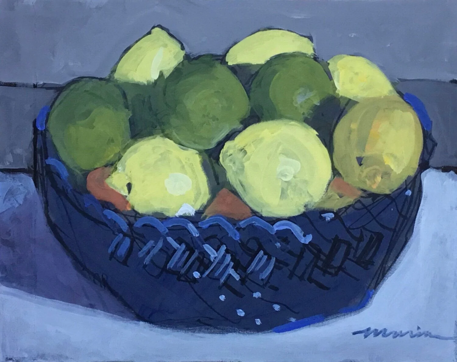 Lemon & Limes, Blue Basket, 16” x 20”, acrylic on canvas, 2016
