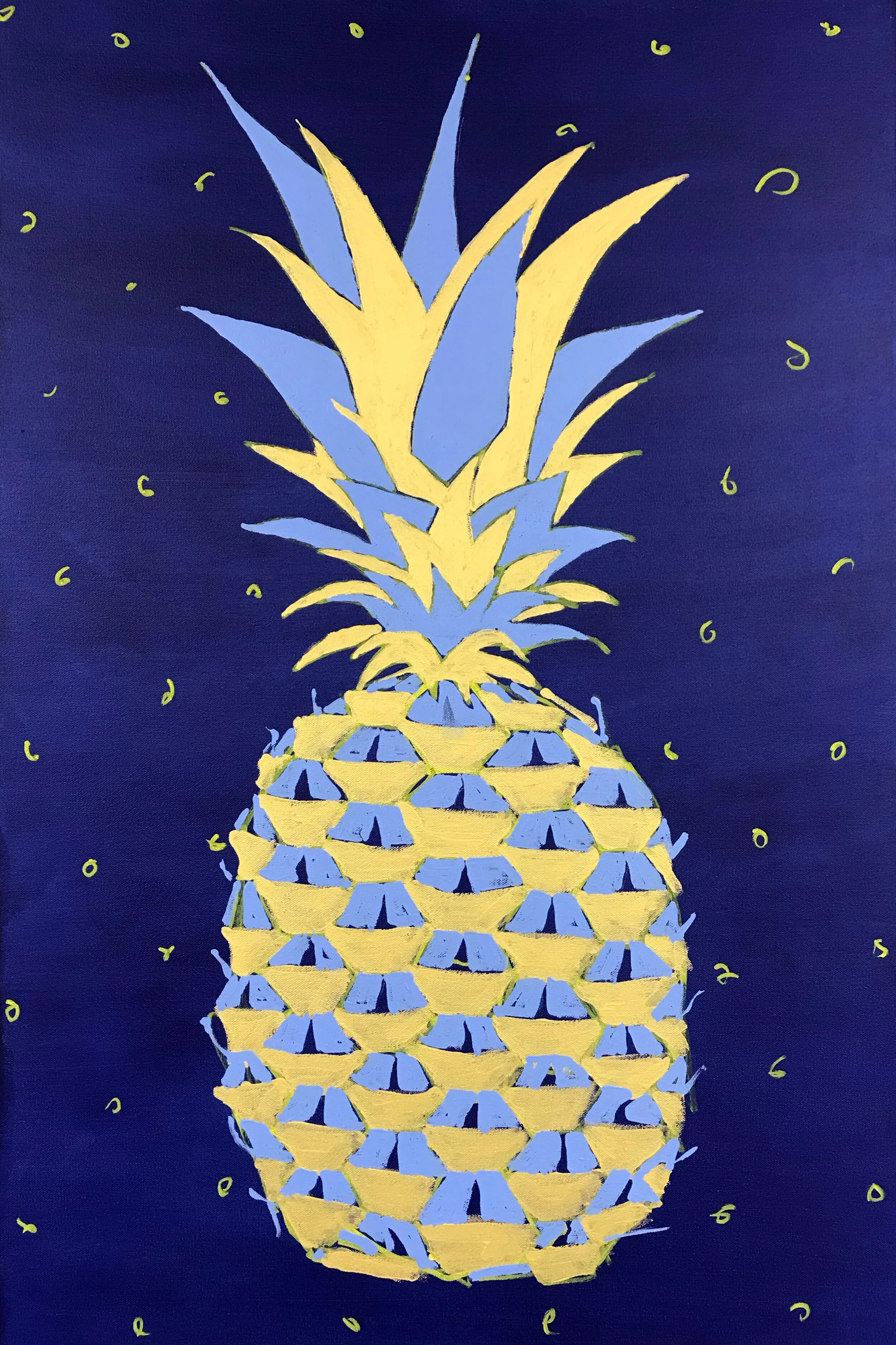 Midnight Blue (pineapple / crowns), 36” x 24”, acrylic on canvas, 2020
