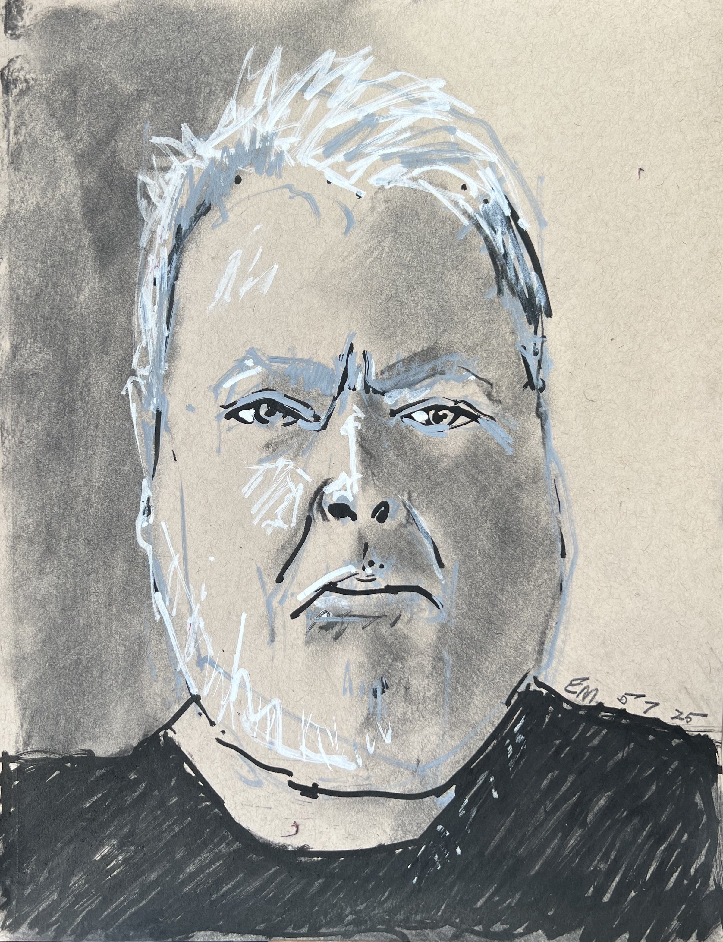 5/7/25, 12” x 9”, charcoal / acrylic paint marker on tan paper, 2025