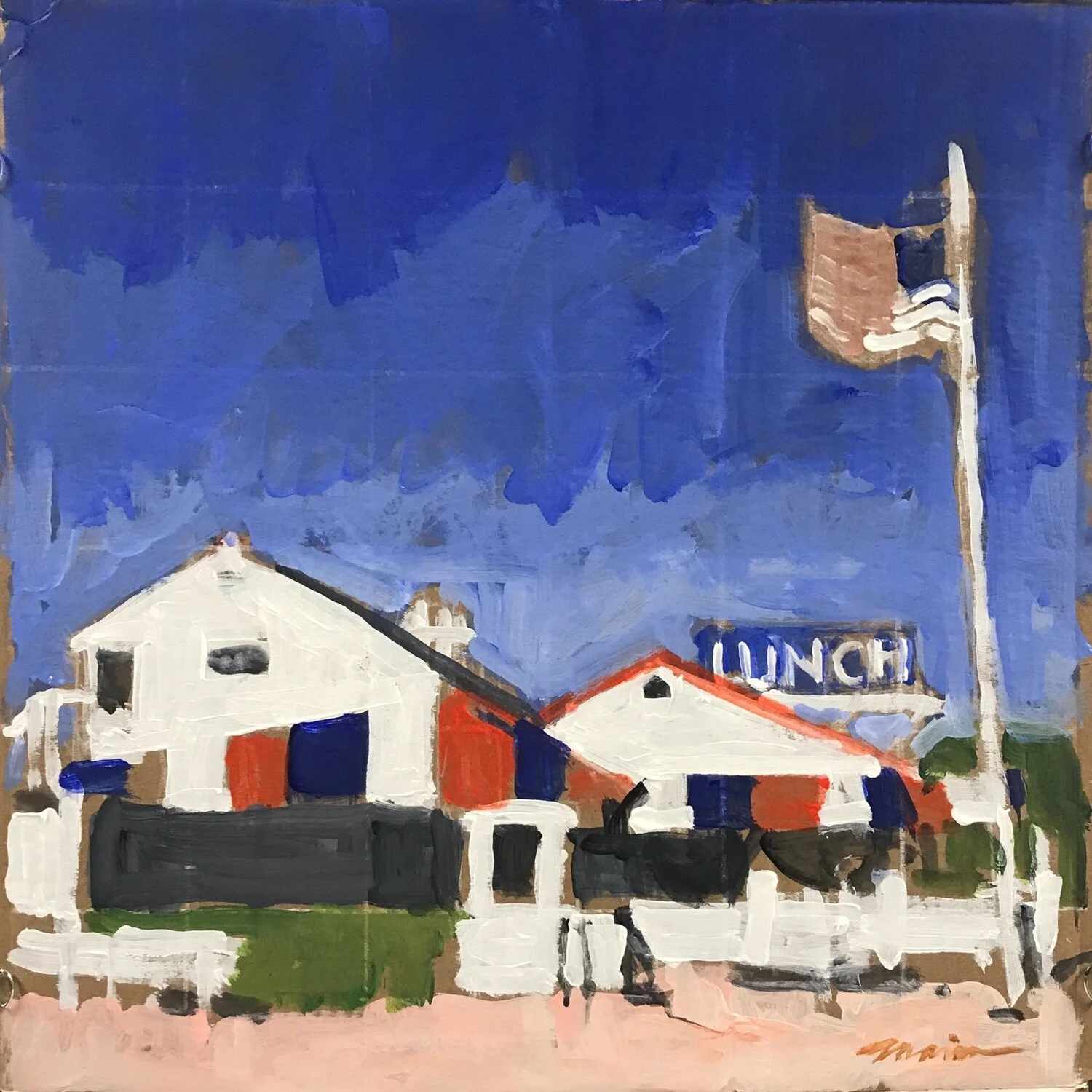 Lunch  (in a pizza box), 18” x 18”, acrylic on cardboard, 2018, Private Collection