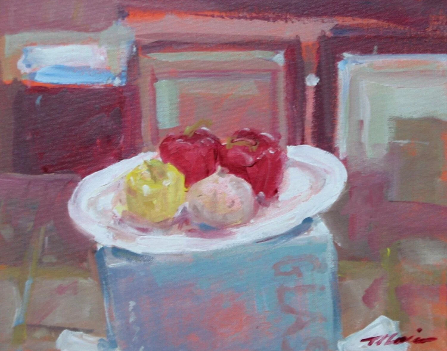 Still Life with Peppers and Onion, 11” x 14”, acrylic on canvas panel, 2007