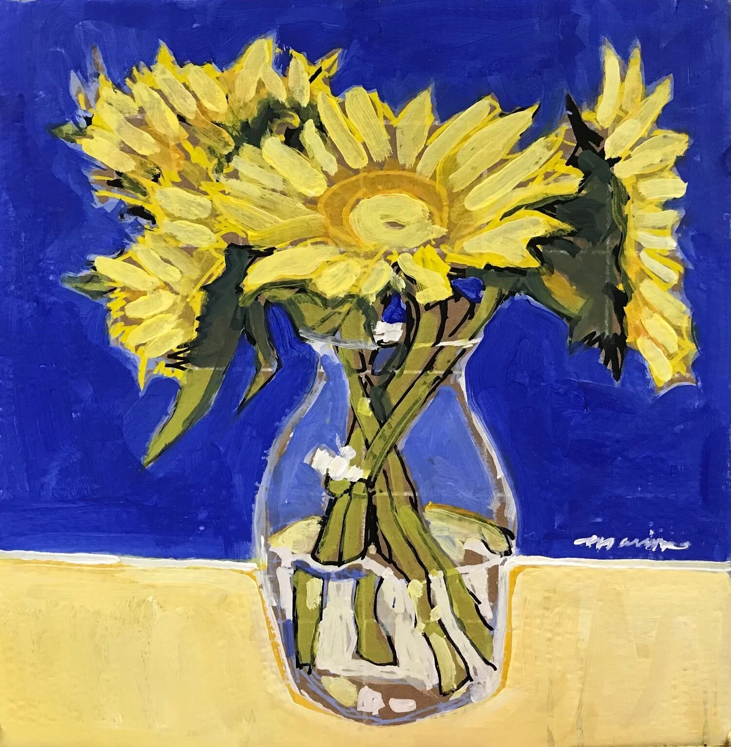 Sunflowers in a Vase (in a pizza box), 18” x 18”, acrylic on cardboard, 2018