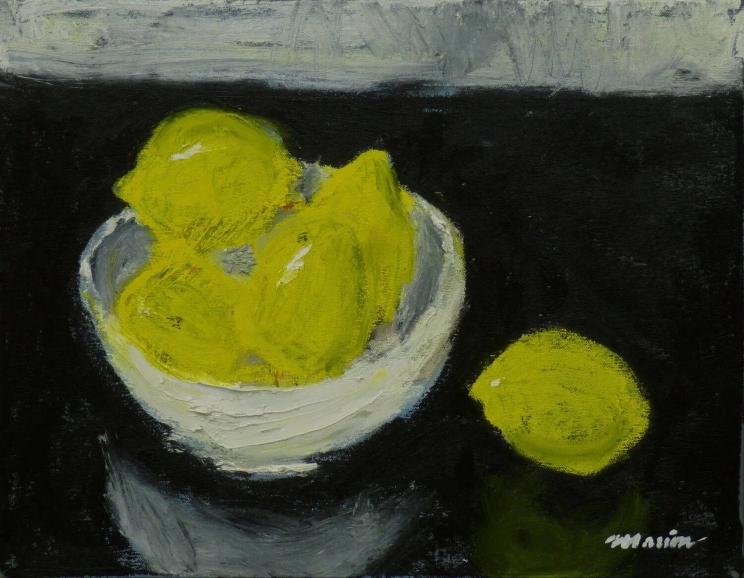 Lemons. White Bowl. Black Table., 14” x 18”, oil on canvas, 2013