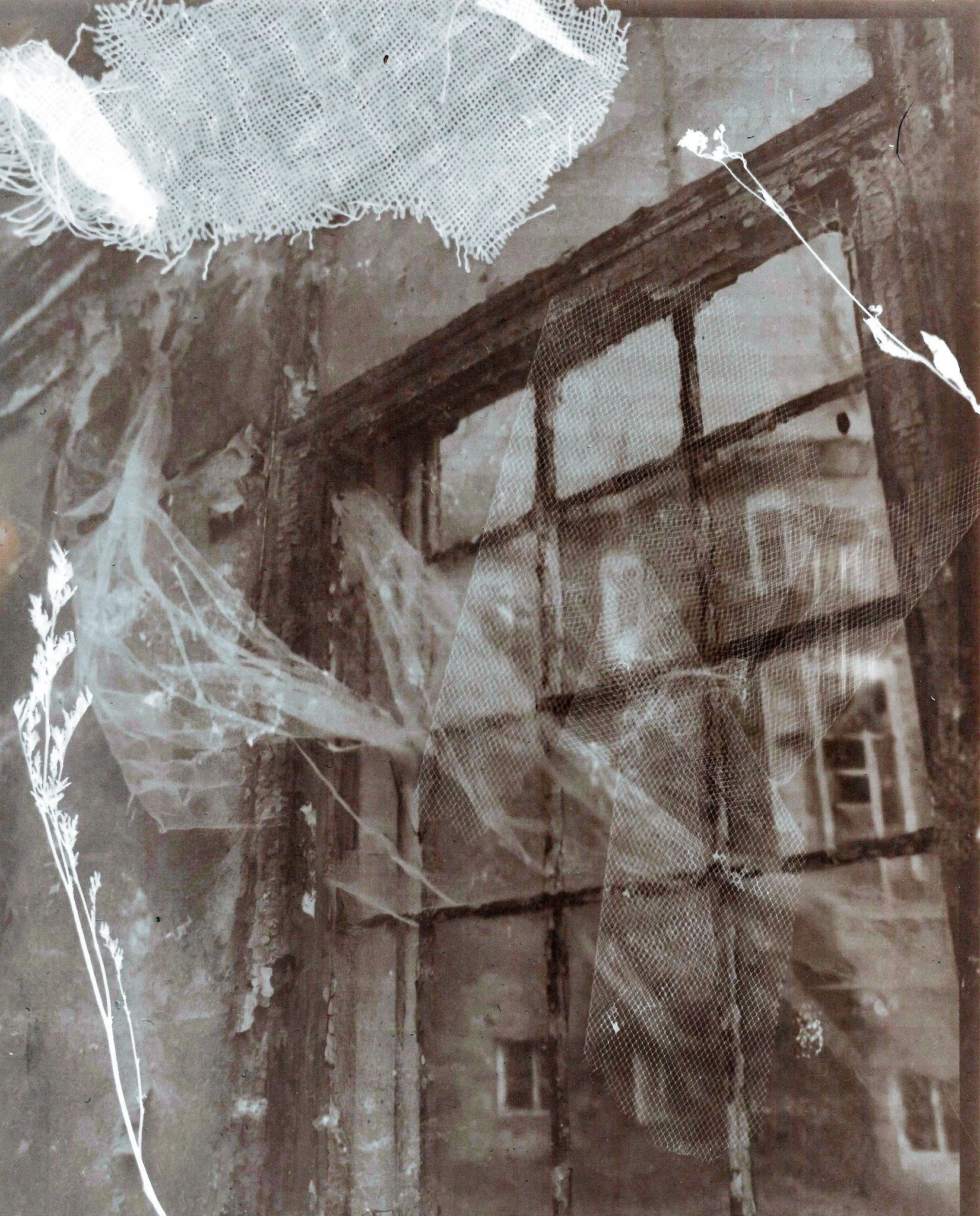 Fenêtre cassée avec des voiles en tulle déchirés et des toiles d'araignées dans une vieille maison abandonnée.