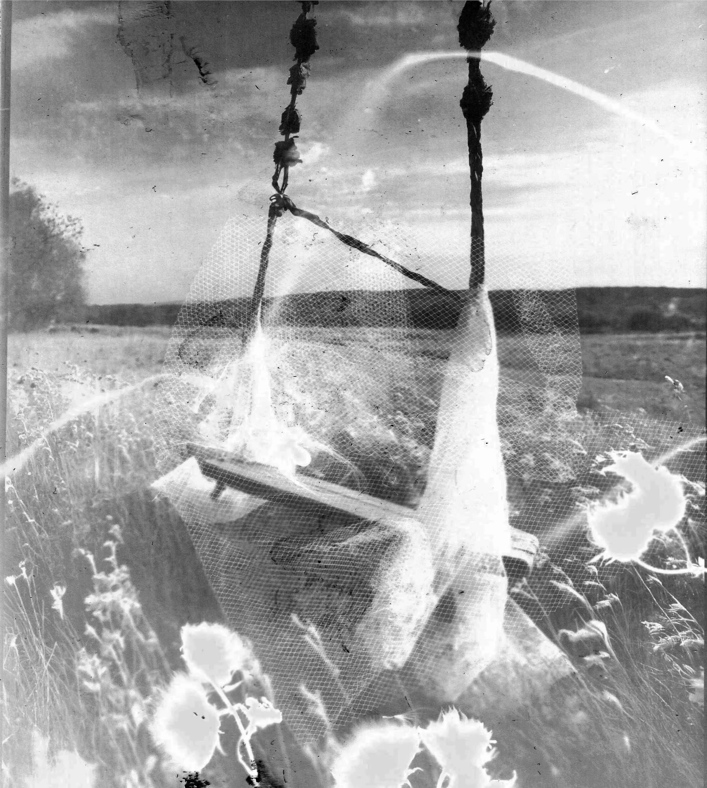 Photo en noir et blanc d'un jean suspendu à une corde dans un champ, avec un ciel nuageux en arrière-plan.