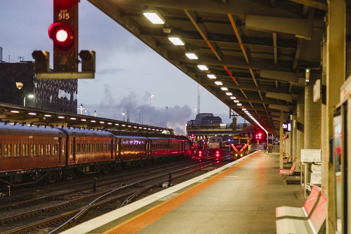 V Line loco N 458 at Platform 2, Southern Cross station for the Swan Hill Passenger train, while Steam Loco R 761 sits at the front of Steamrail Victoria's Tocumwal Steam Spectacular train to Tocumwal 4 July 2026 A Railway Life photography