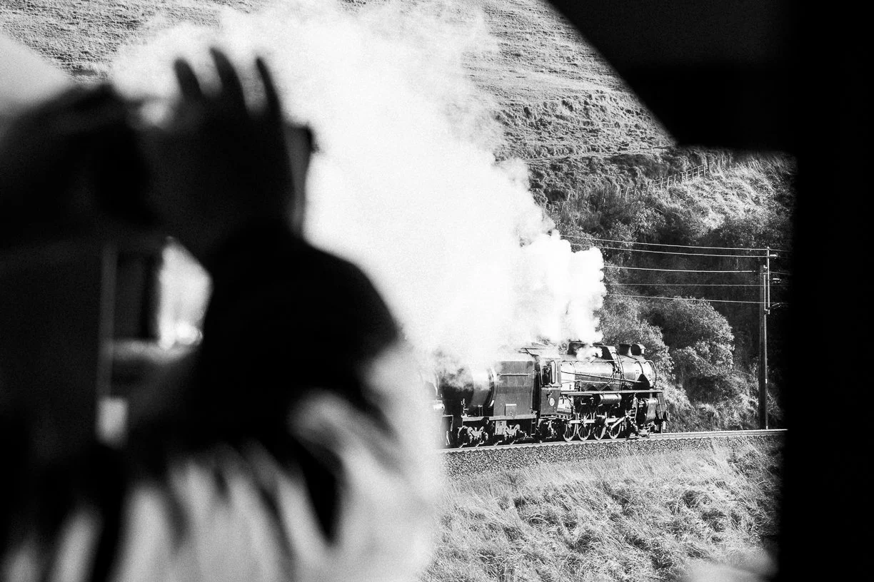 black and white railway photography fine art photo Taken by Scott Gould A Railway Life fine art photography the Main Trunk Steam Spectacular returning from Ohakune taken from the observation car with steam locomotive AB1271
