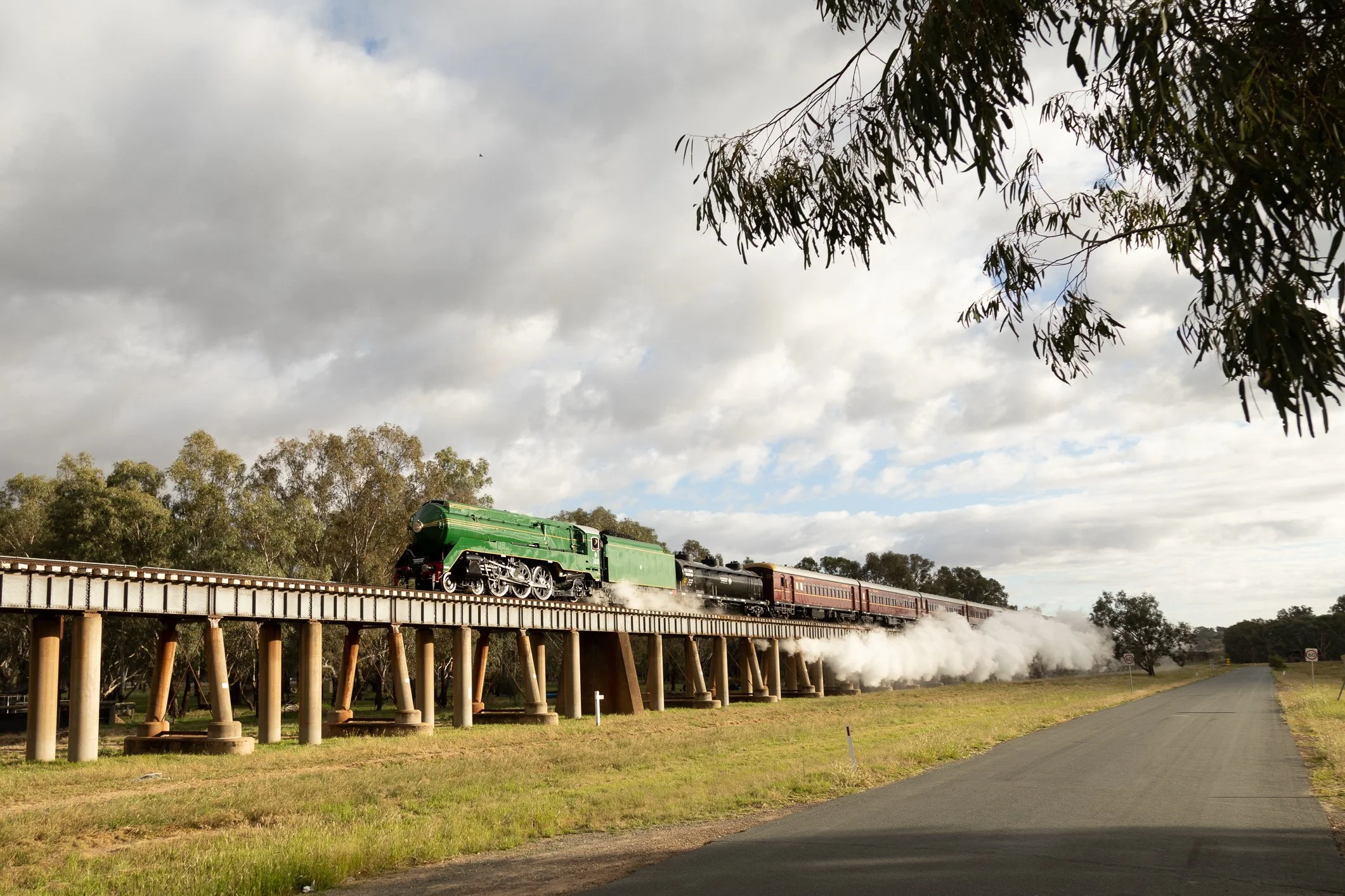 Steam Loco 3801 and heritage train on the Murrumbidgee river flood plain bridge in North Wagga Wagga