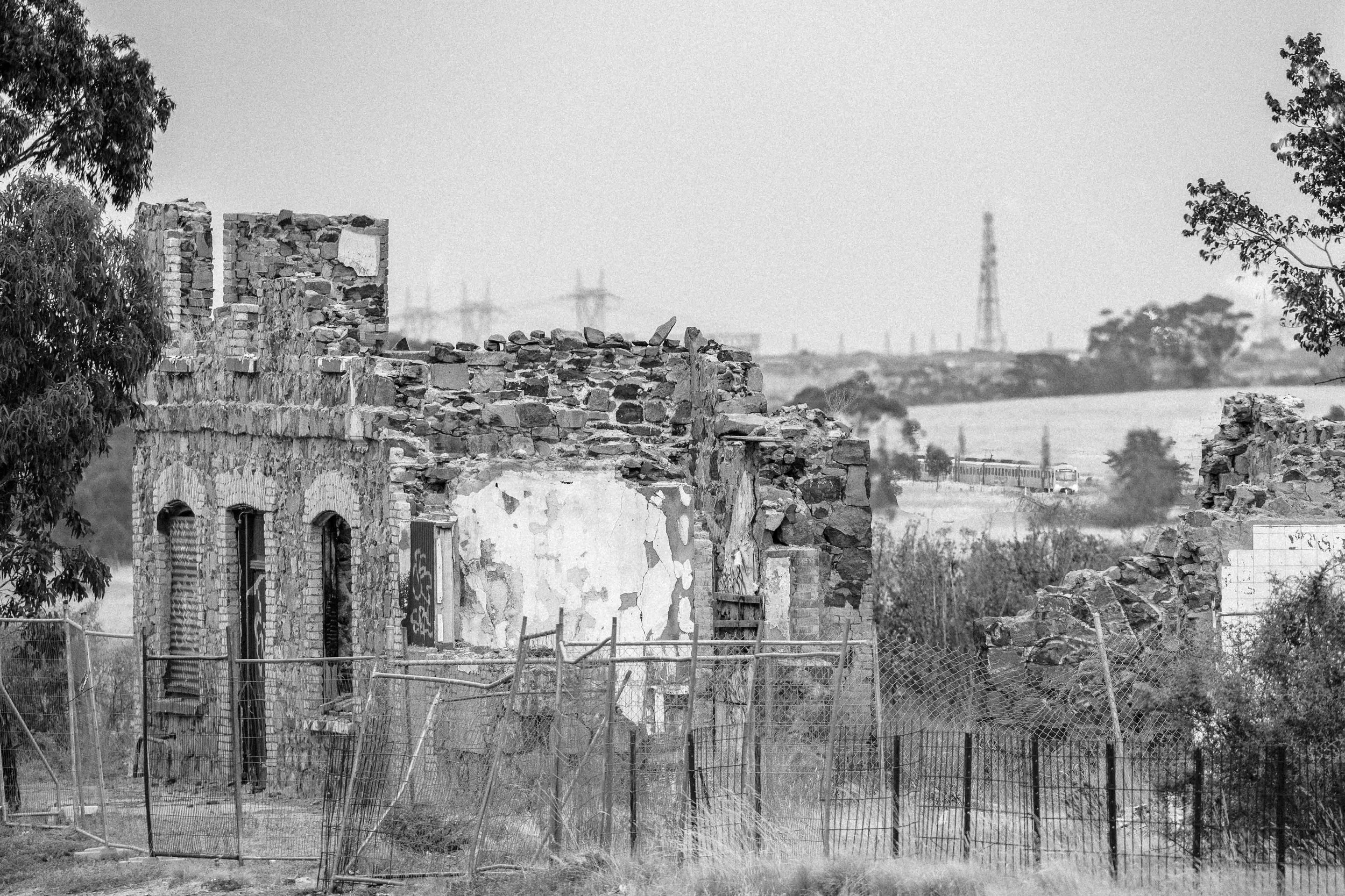Sunbury Line comeng suburban train Diggers Rest ruined pub Scott Gould Railway A Life fine art photography train photography