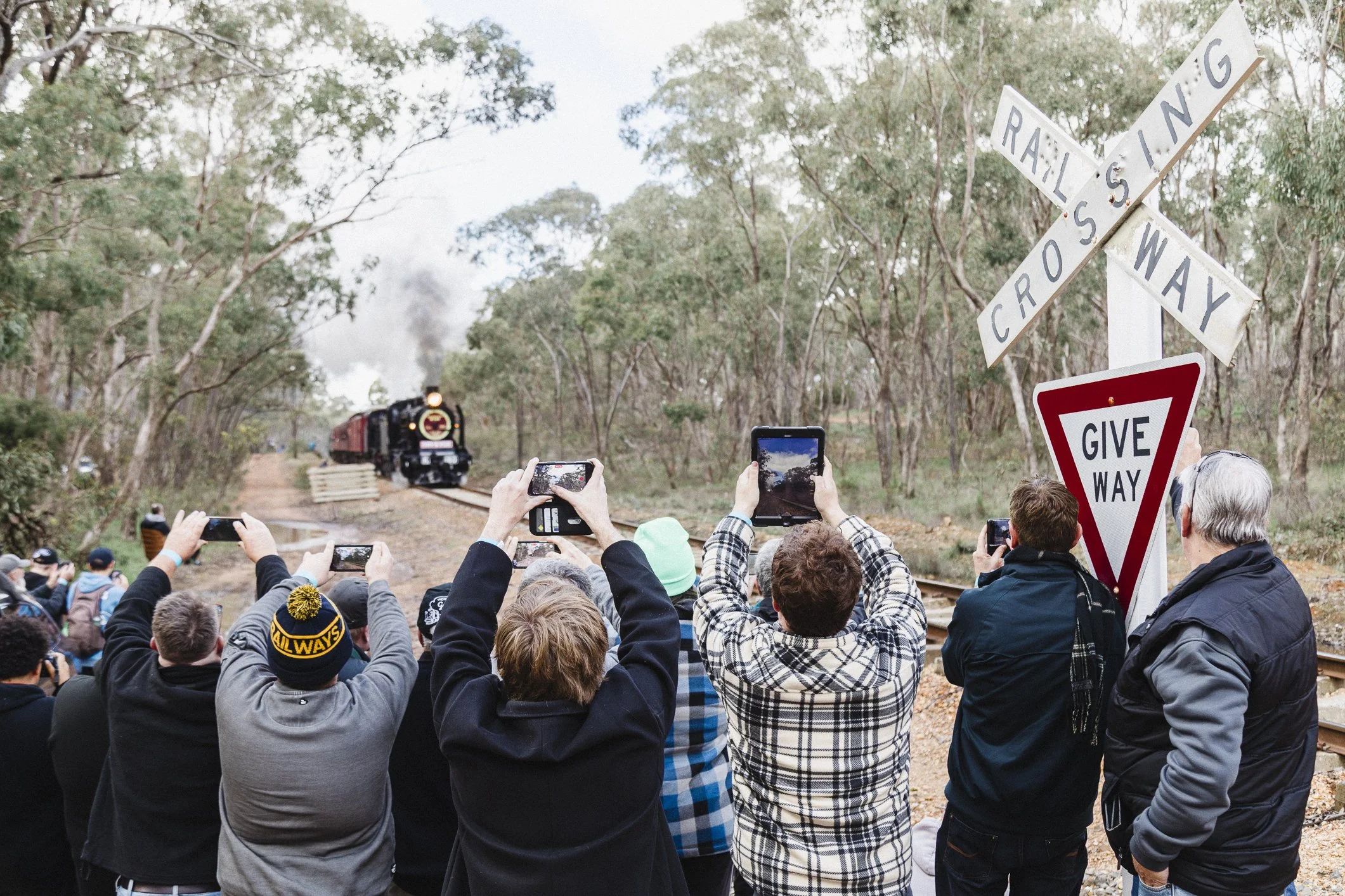 A group of photographers at Pipeline Crossing on the Victorian Goldfields Railway photographing K 160 and K 183 on the 60th anniversary Vintage Train to Maldon. Scott Gould A Railway Life photography