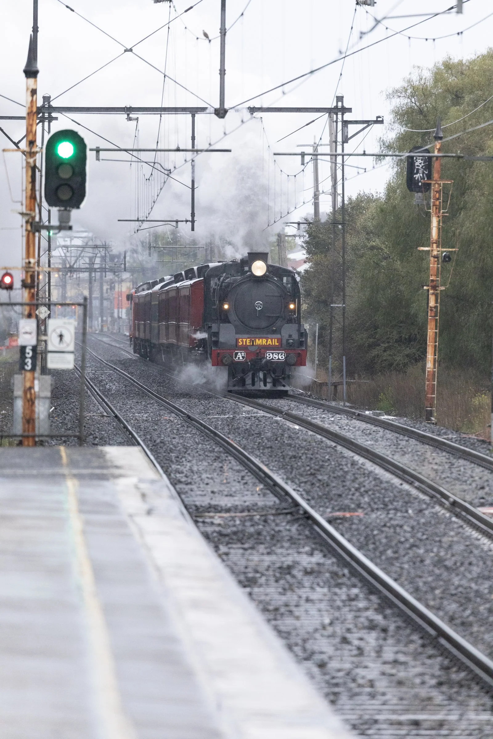 Scott Gould Railway A Life fine art photography train photography Steamrail A2 986 at Spotswood in the rain with an excursion train to Warragul