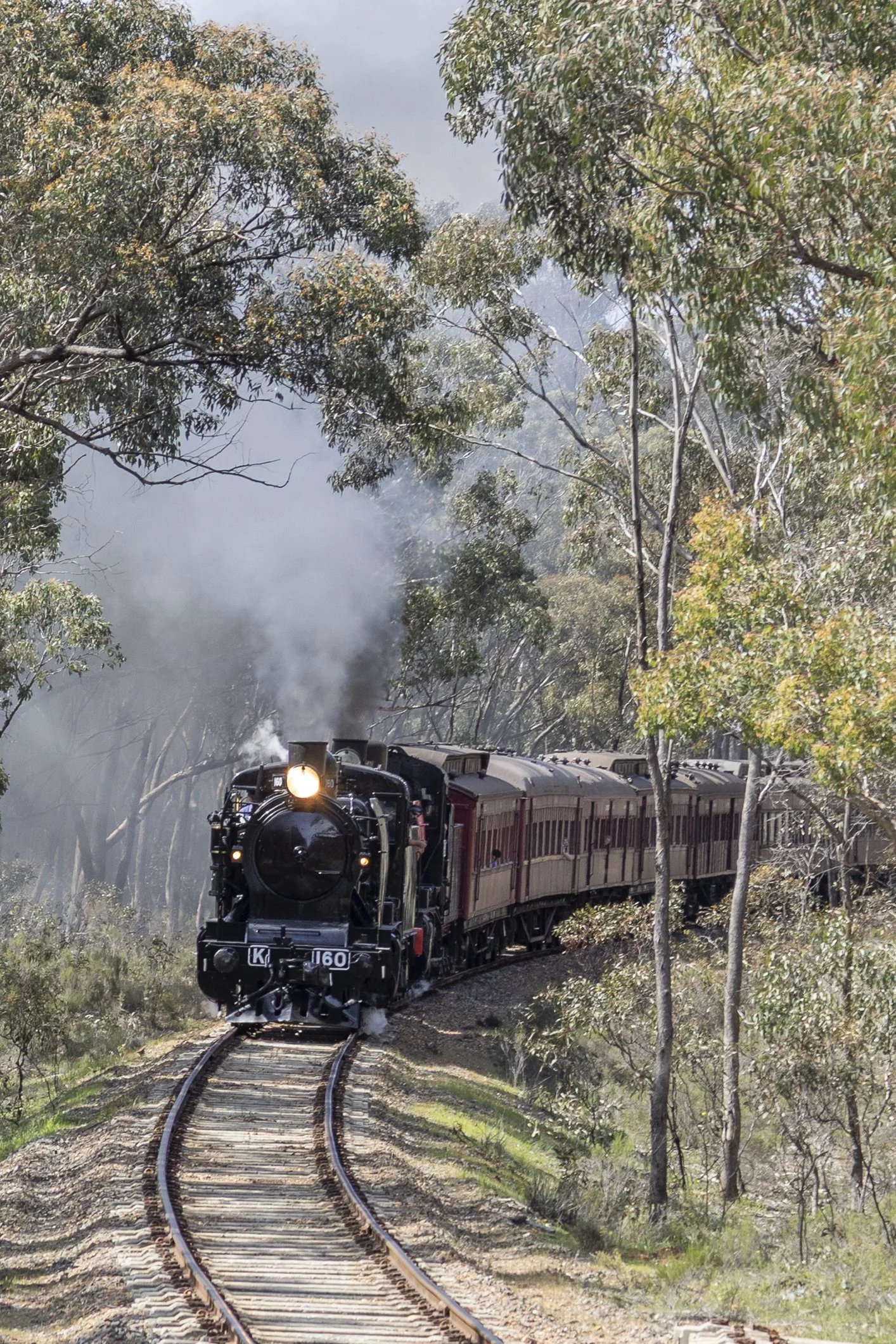 Victorian Goldfields Railway approaching Pipeline crossing with the first trip of the day K 160 leads J 549. Scott Gould A Railway Life Photography