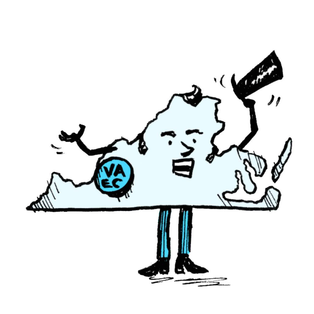 Doodle of the state of VIrginia tipping its hat saying "nay!"