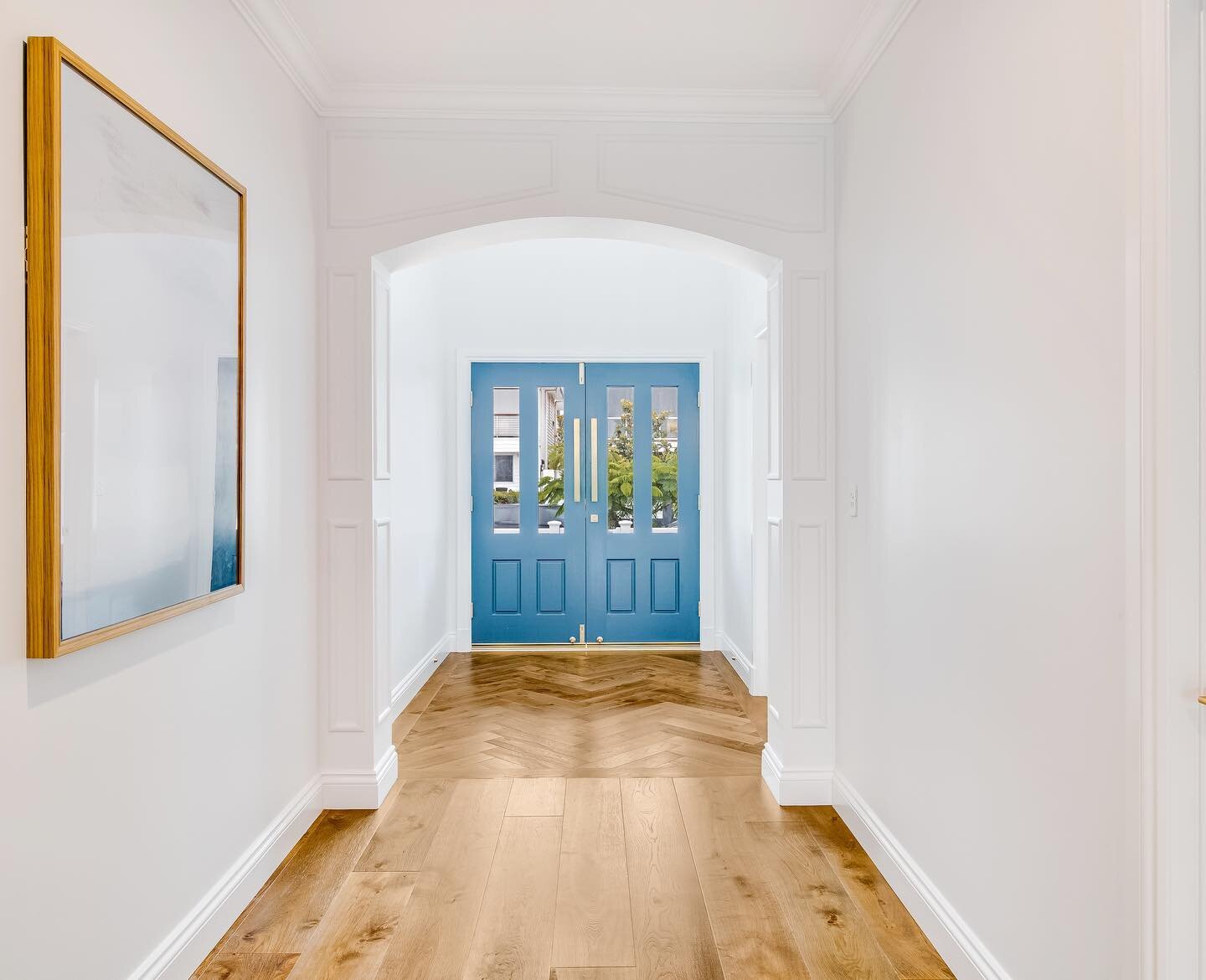 We love a grand entry at Pillah, featured is the entryway at our &lsquo;Stuart&rsquo; project, with beautiful herringbone flooring and a wainscoted arch 😍