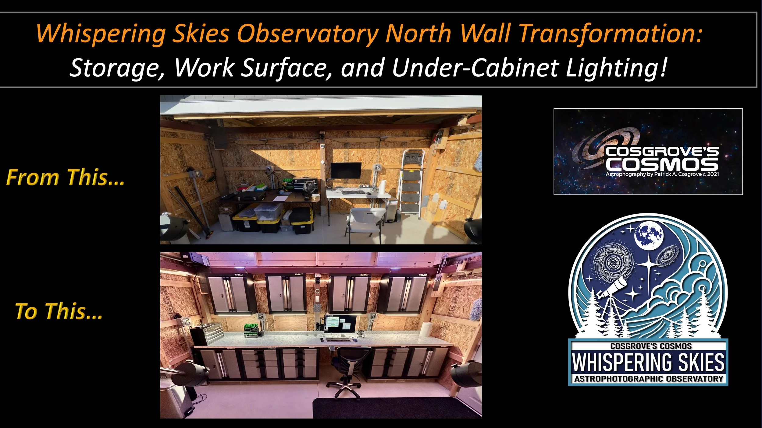 Whispering Skies Observatory North Wall Transformation: Storage, Work Surface, and Under-Cabinet Lighting!