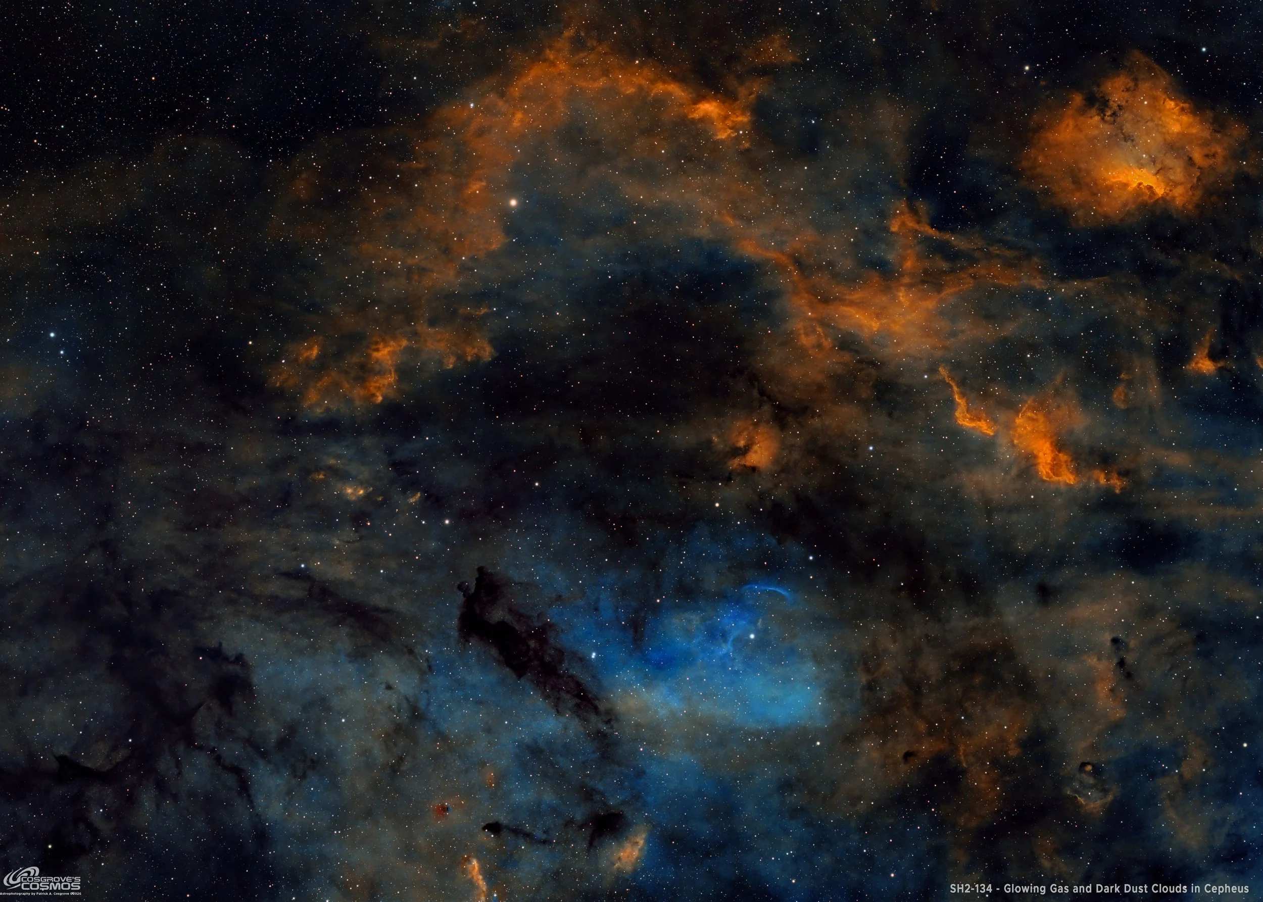 SH2-134:  Glowing Gas and Dark Clouds in Cepheus: A Dew-Drenched 18 hours of SHOrgb