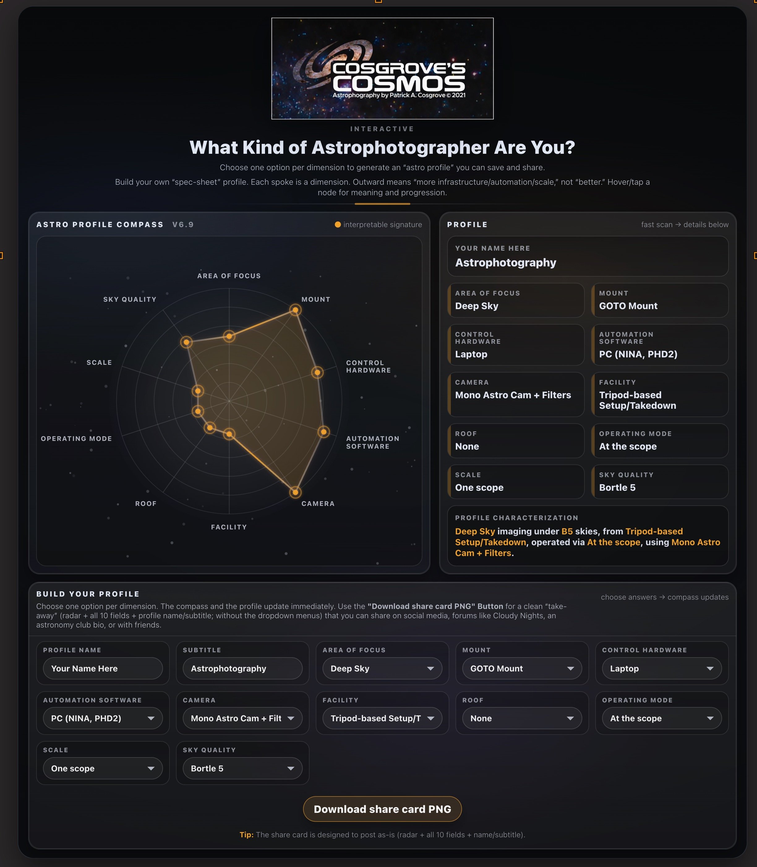 Astrophotographer Profile Summary utility screenshot