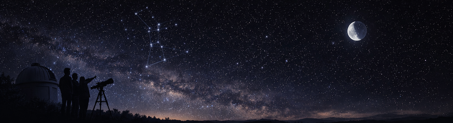 Beginner astronomy stargazing scene with Orion, half Moon, telescope, and observatory