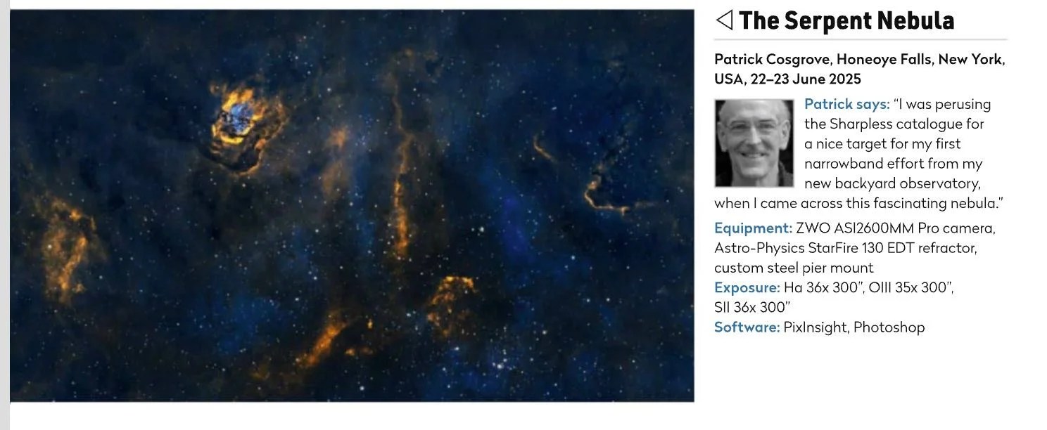 A detailed photo of the Serpent Nebula showing swirling clouds of gas and dust in space, with bright stars scattered throughout.