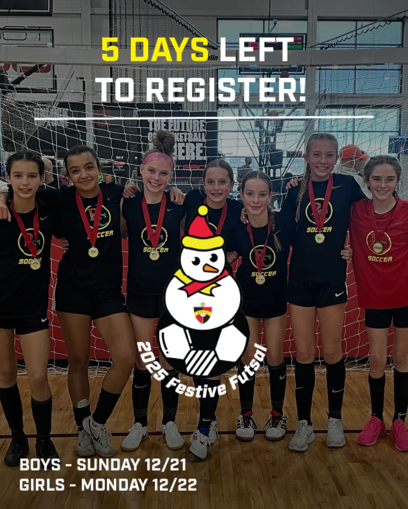 The countdown is on!  Just 5 days left to register for our Festive Futsal Tournament and only a handful of spots remain. Sign up with the link in our bio and message us if you have any questions. Can&rsquo;t wait to see you out there.

#festivefutsal