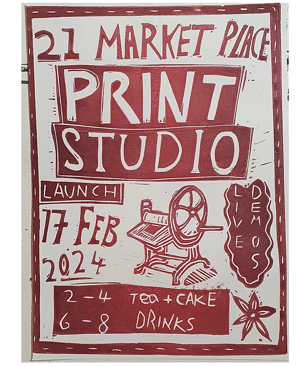 Join us on Saturday 17th Feb for the launch of the Market Place Print Studio! Booking for workshops and open access will also be live on our new website and we&rsquo;ll have printing demos too. See timings below and see you there 🎉

2-4pm tea + cake