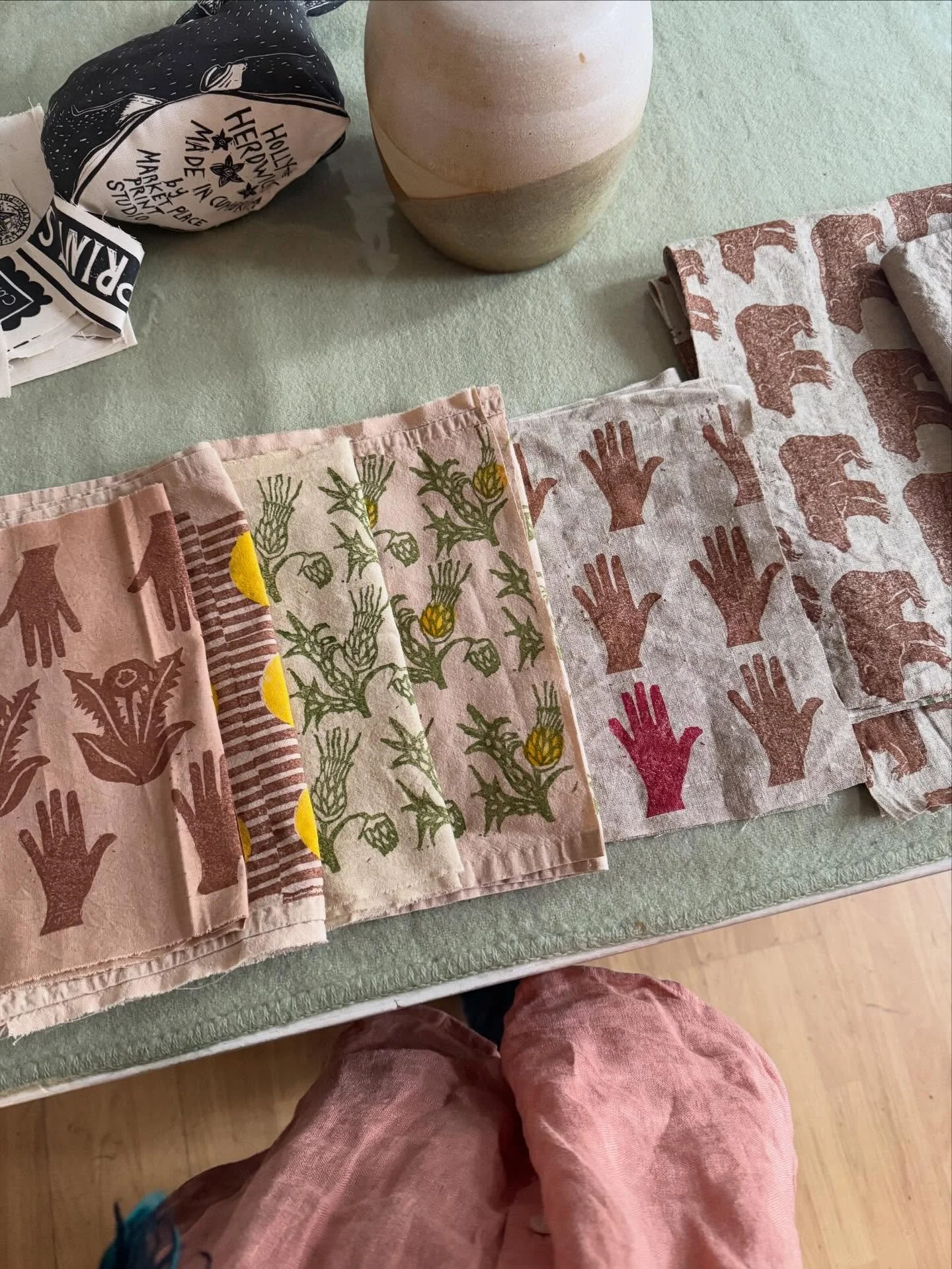 Block printed fabrics ready to be made into a small Spring batch of cushions and lampshades including a personal collab with the talented @lanta_clay. 

We will share in our March newsletter when these are ready 🌱