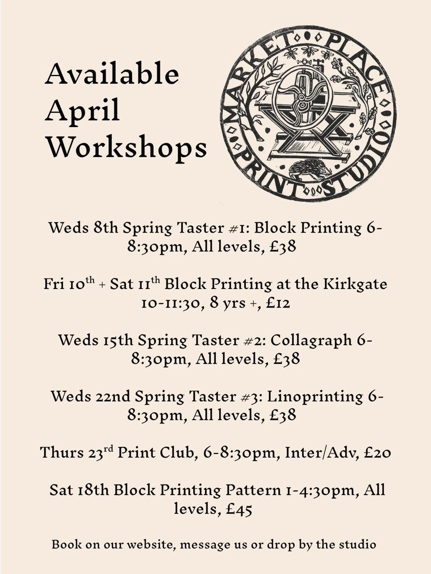 Here&rsquo;s a list of our available workshops this month! We have more on offer but they have sold out (please do ask to be added to our waitlist if you ever see a workshop has sold out, we also often rerun the same sessions too).

Particularly look