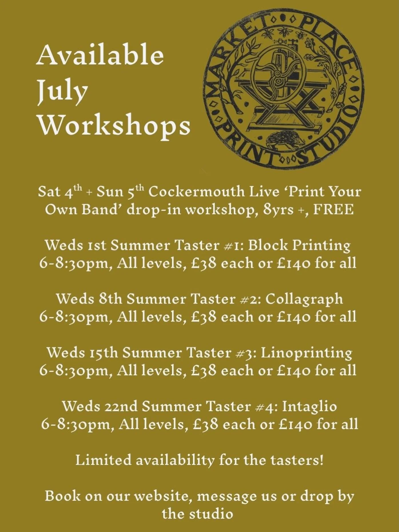 🌻 We have programmed more workshops for the rest of the year including our popular Intro to Lino and Taster sessions plus some family friendly events too.

🌻 Grab a paper programme from the studio or browse our website for latest dates. 

🌻 If you
