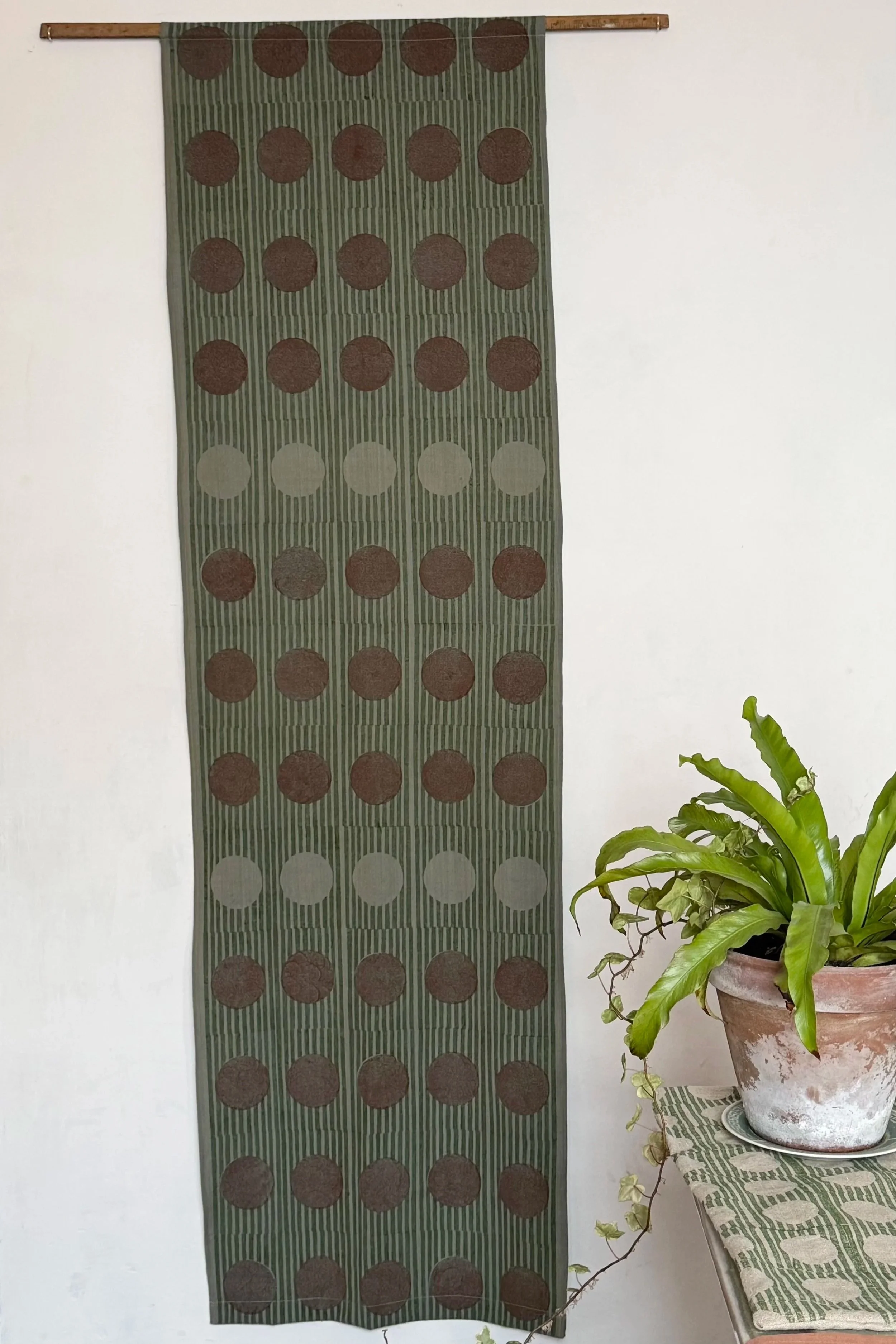 Block Printed Wall Hanging ~ Green & Brown Dots