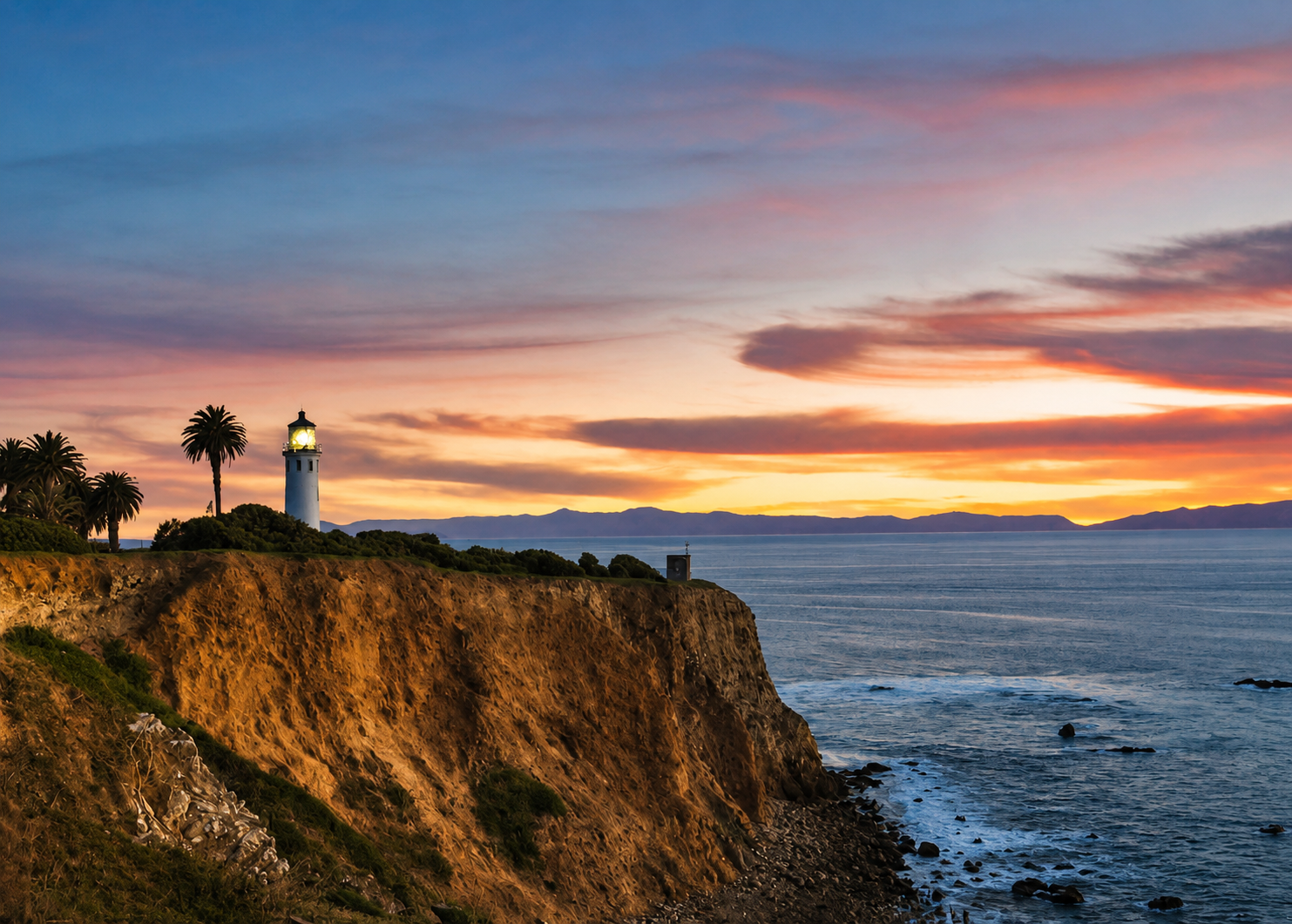 A lighthouse on a cliff overlooking the ocean at sunset, with palm trees and mountains in the background.