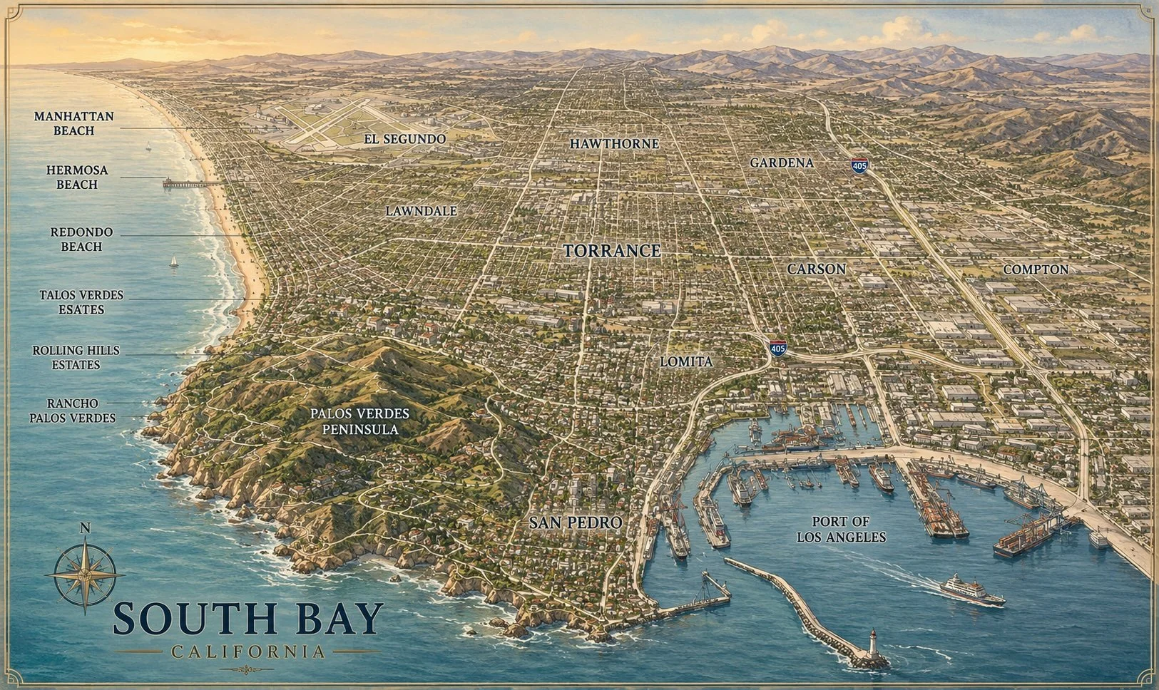 Map of South Bay, California, showing neighborhoods, beaches, and the Port of Los Angeles, with a compass rose indicating north.