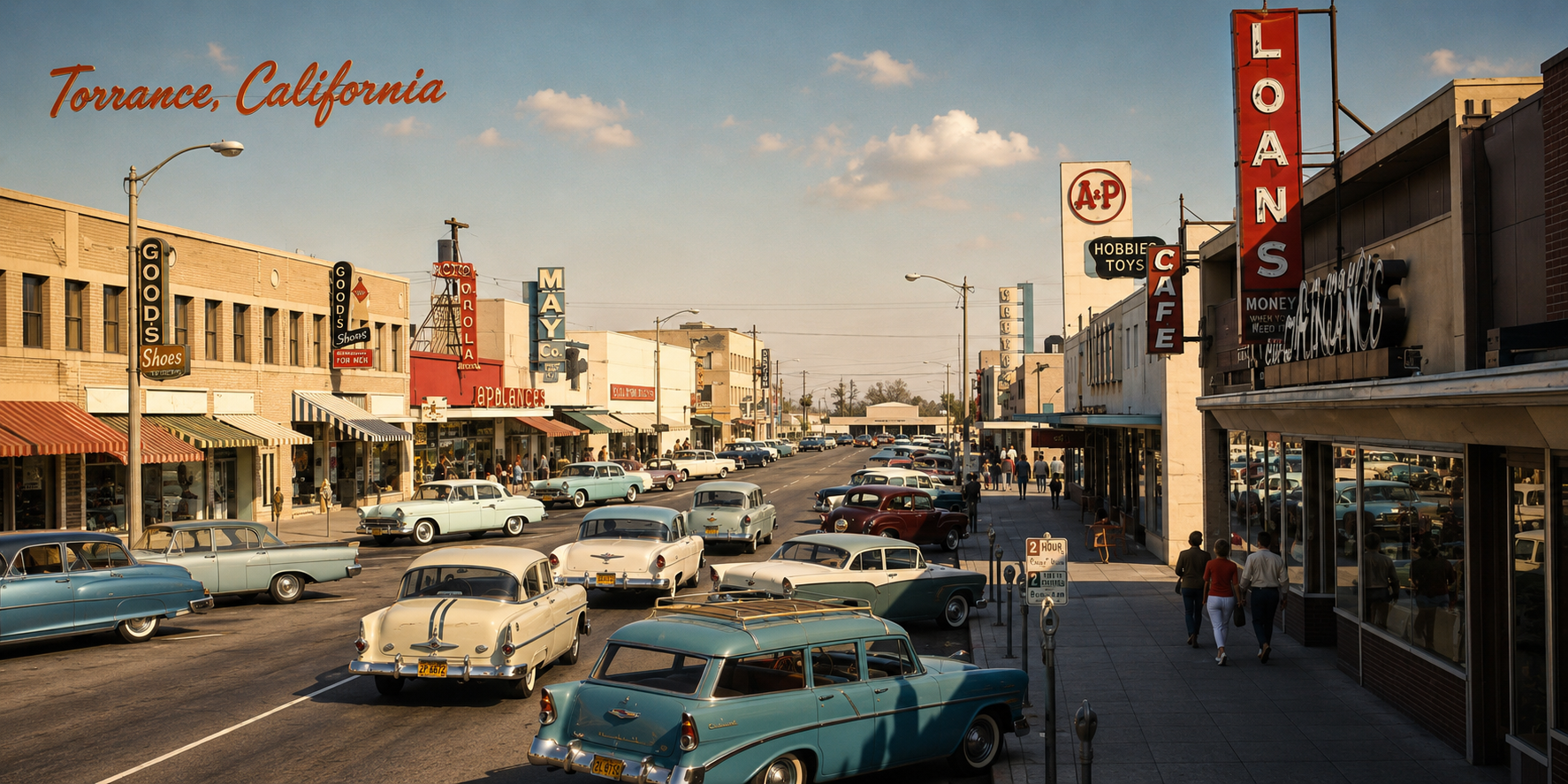 Vintage cars parked on a busy street in Torrance, California, with storefronts, signs, and pedestrians during the daytime.