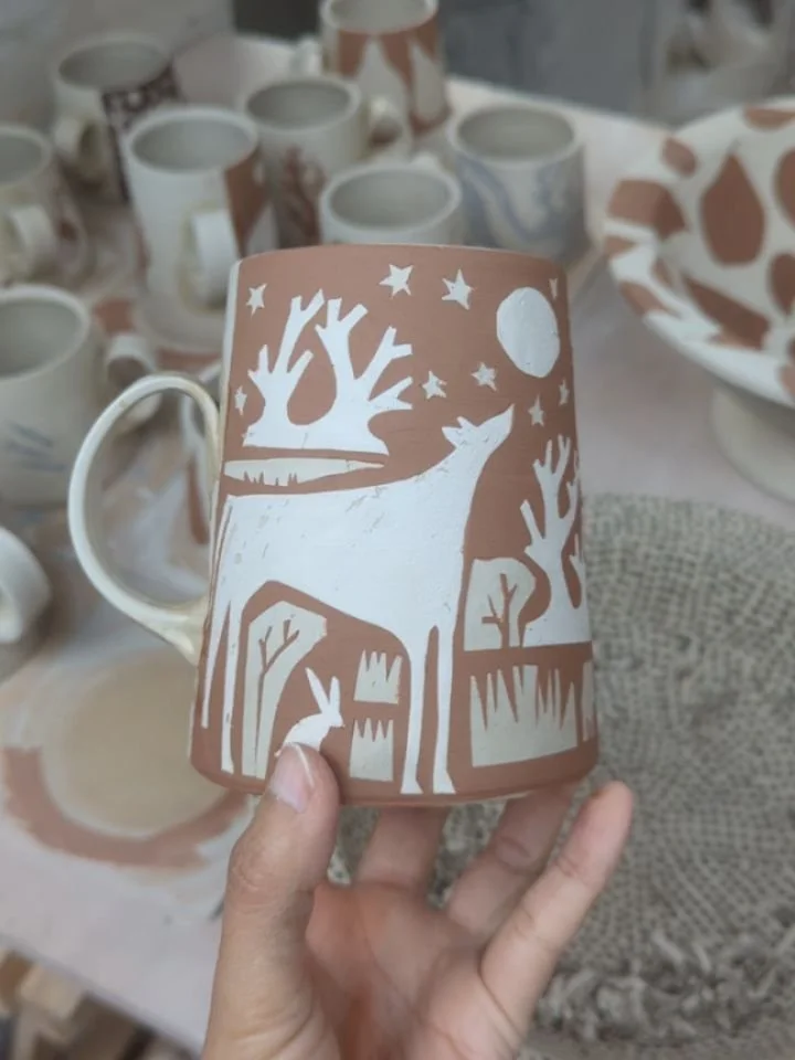 Some behind the scenes from the studio. I've been going mad with surface decoration and having a lot of fun. Last night I made a butter dome that started off with a bowl of pears that then  became a whole kitchen table scene with chairs and a sleepin