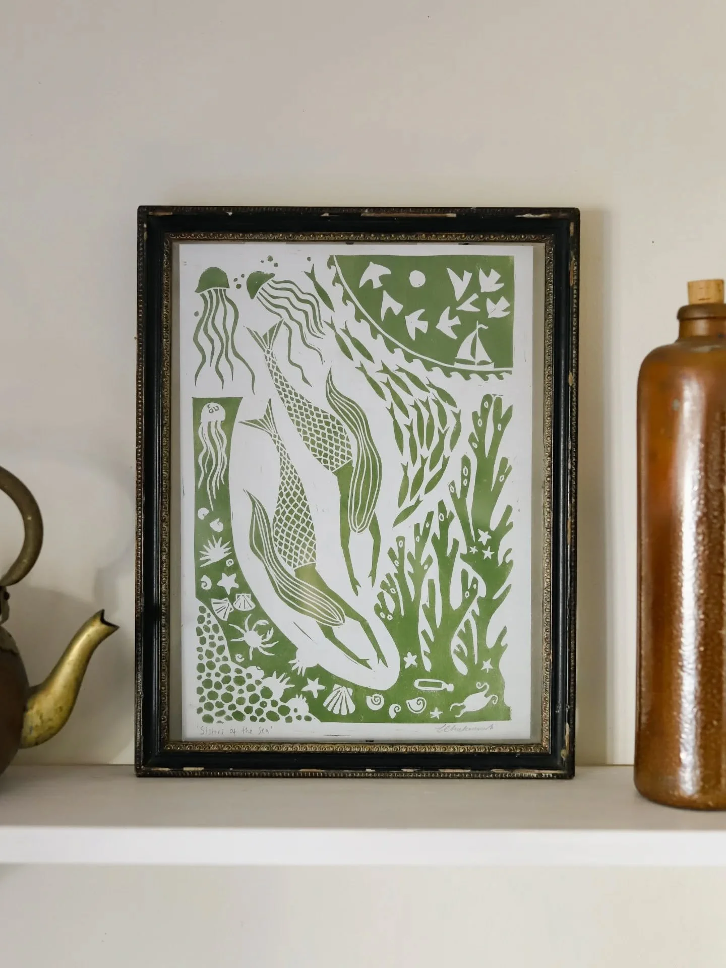 'Sisters of the Sea'. The latest lino print. I'm so thankful to everyone who bought something on Thursday and over the weekend, including the new lino print. I've just come back from the post office, where I filled the little back room with all of yo