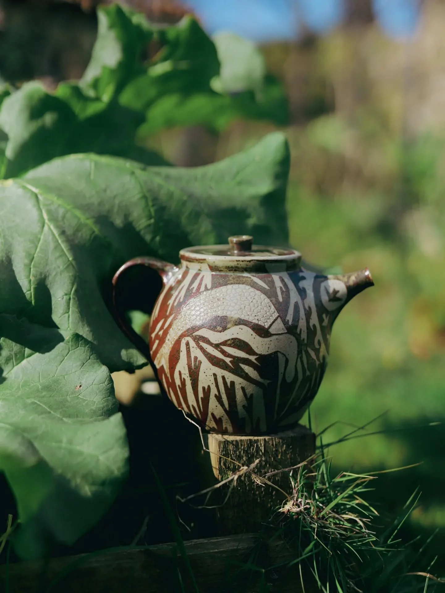I'm SO proud of this teapot. It's so much better than I was imagining and I was hoping it would be good considering how much time it took to decorate. I photographed it next to the rhubarb in the garden this morning. Rusty reds and seaweedy greens. V