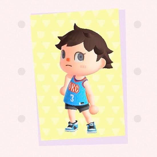 I made 4 jerseys, inspired by the Thunder uniforms this season, in Animal Crossing. You can use the codes to download them. :) @okcthunder #thunderbasketball #basketball #animalcrossing