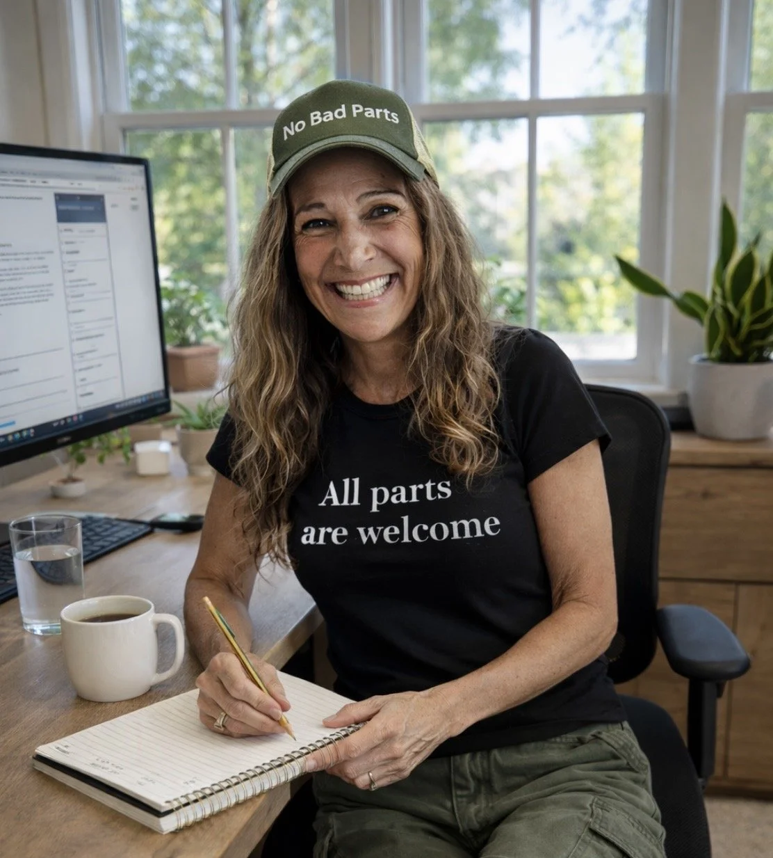 Woman smiling, wearing a baseball cap and t-shirt with messages supporting inclusivity, sitting at a desk with a notebook, coffee, and computer in a bright home office.